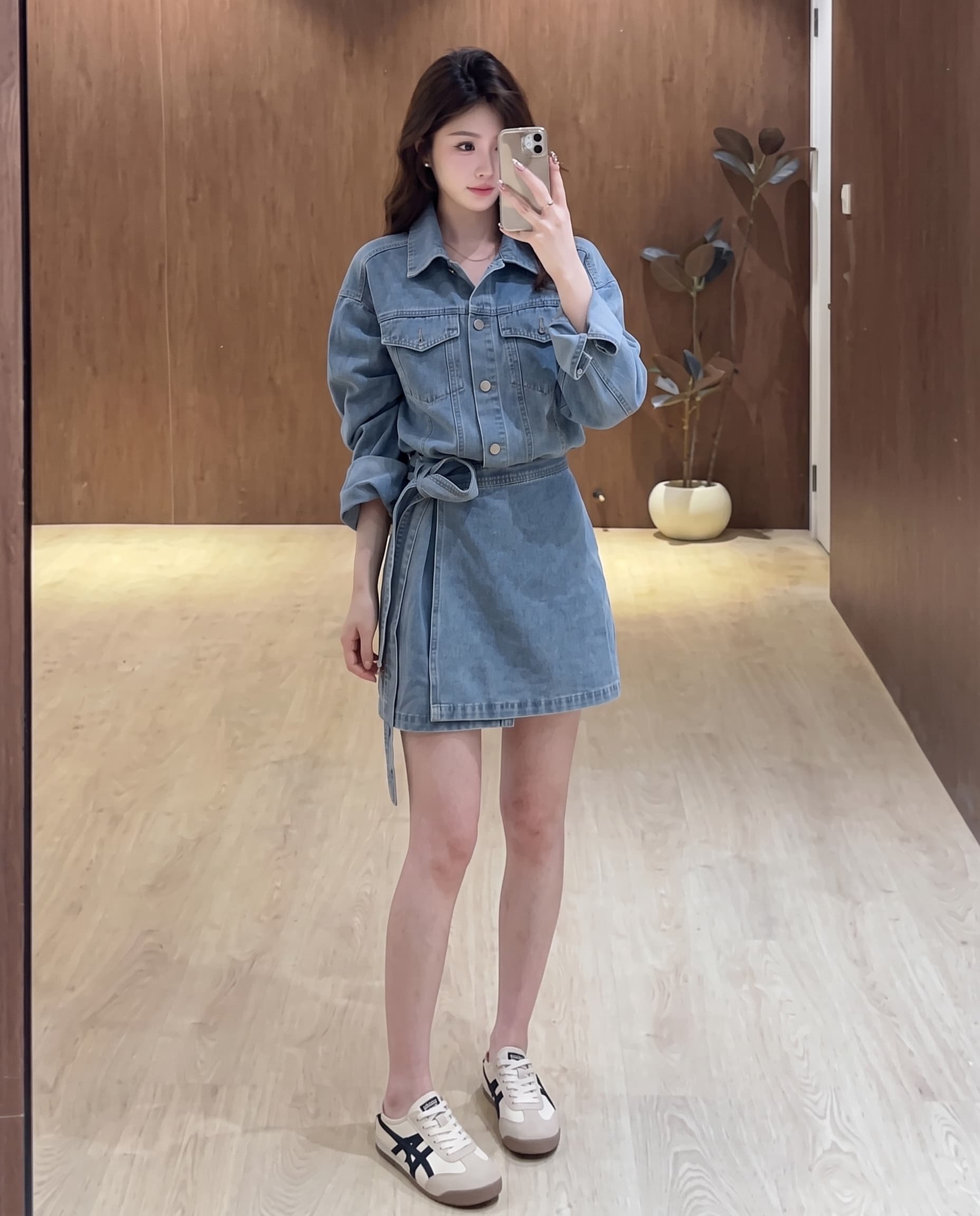 실사 빅 사이즈 가을 와 성별 자유 주의자 레트로 항구 바람 폴로 칼라 워싱 데님 드레스 품격 허리 수축 상세 이미지 4