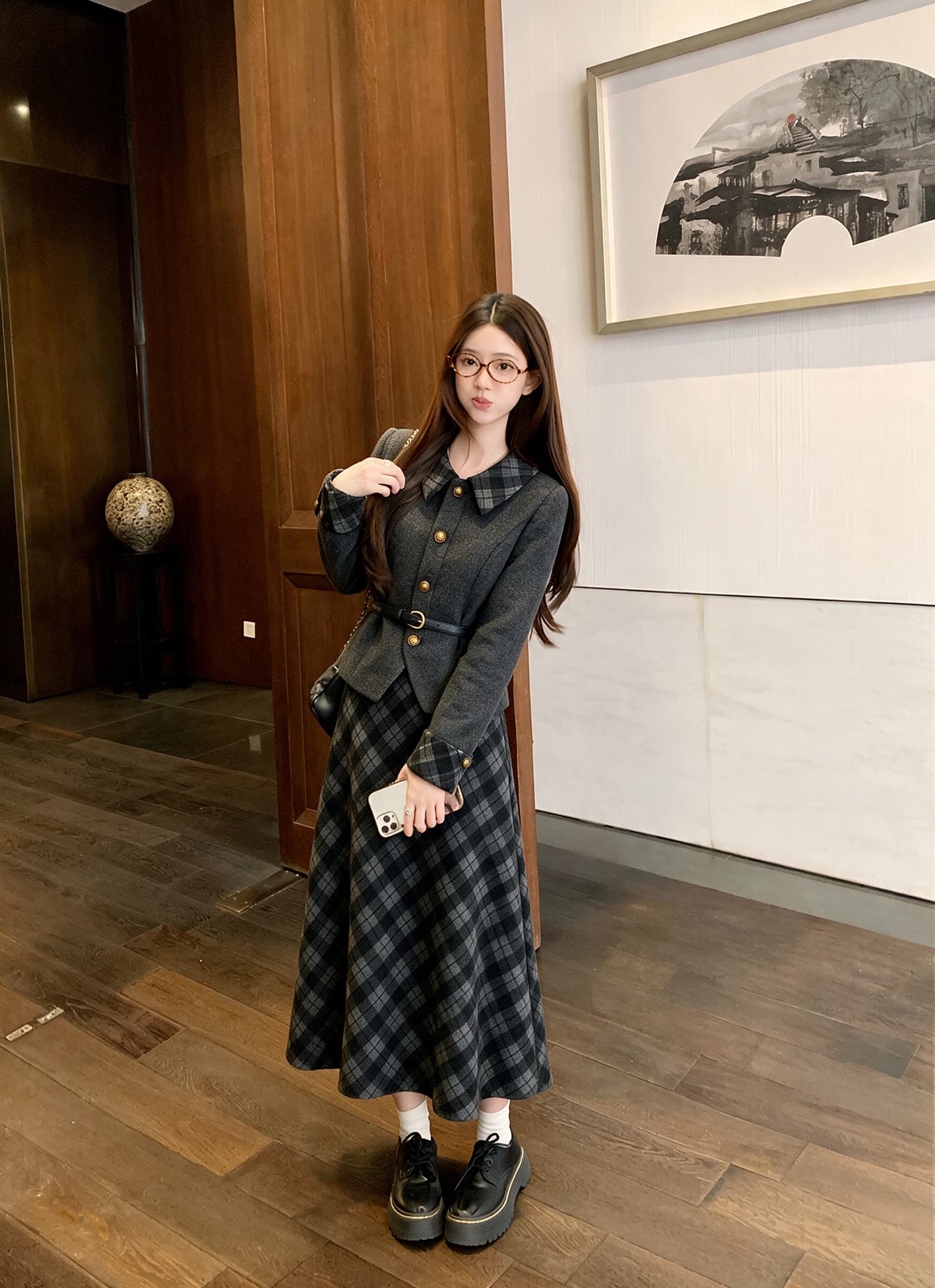 실사 빅 사이즈 여성 의류 가을 겨울철 한 부서 품격 고급 재킷 반신 스커트 패션 검정색 세트 여성 상세 이미지 8