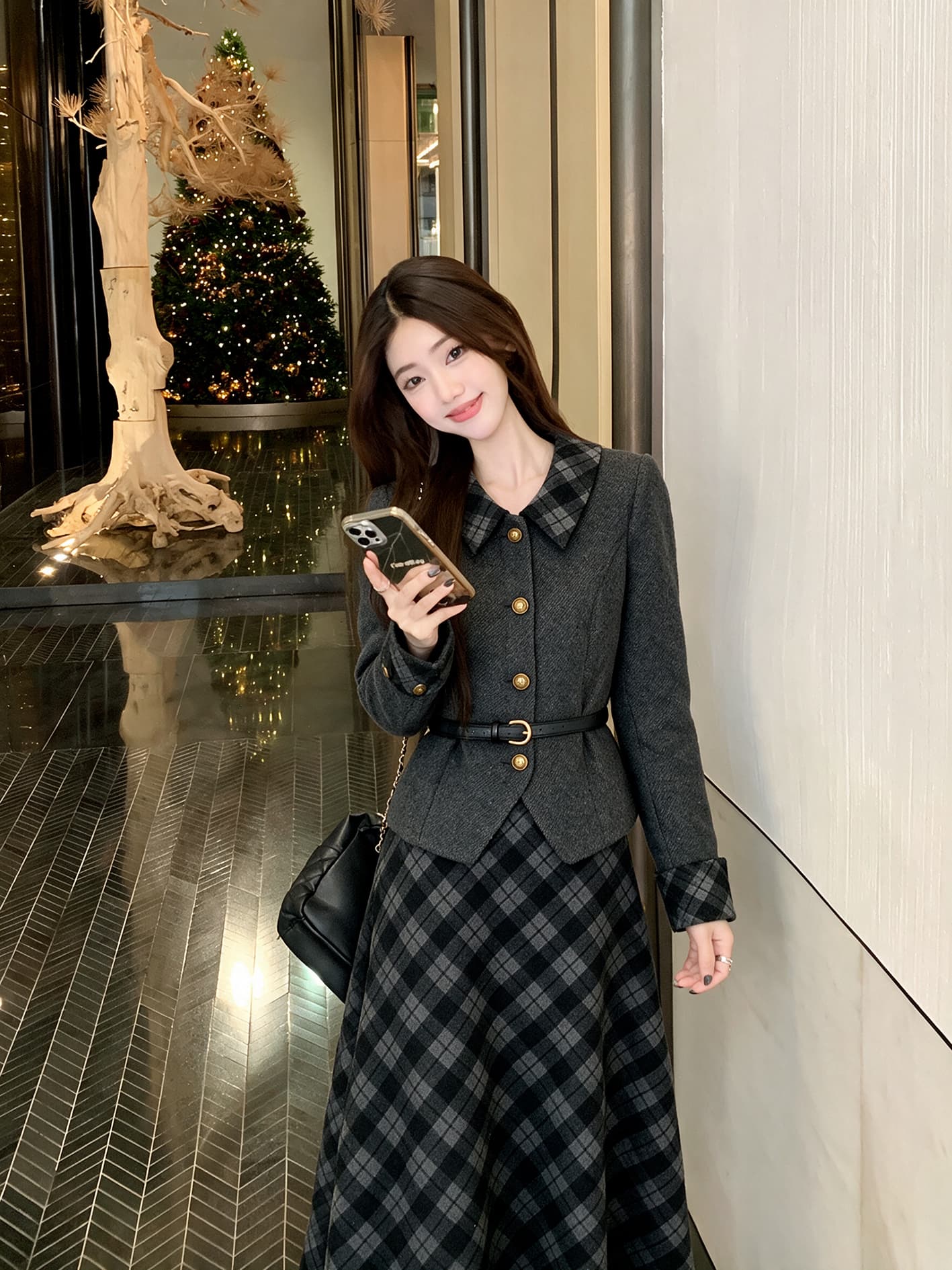 실사 빅 사이즈 여성 의류 가을 겨울철 한 부서 품격 고급 재킷 반신 스커트 패션 검정색 세트 여성 상세 이미지 10