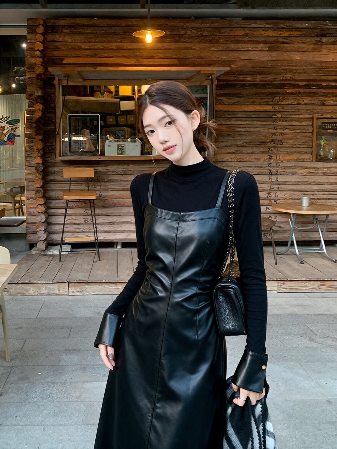 실사 빅 사이즈 여성 의류 고급 센스 로얄 자매 품격 검정색 PU 가죽 허리 수축 나팔 소매 지방 mm 드레스 상세 이미지 6