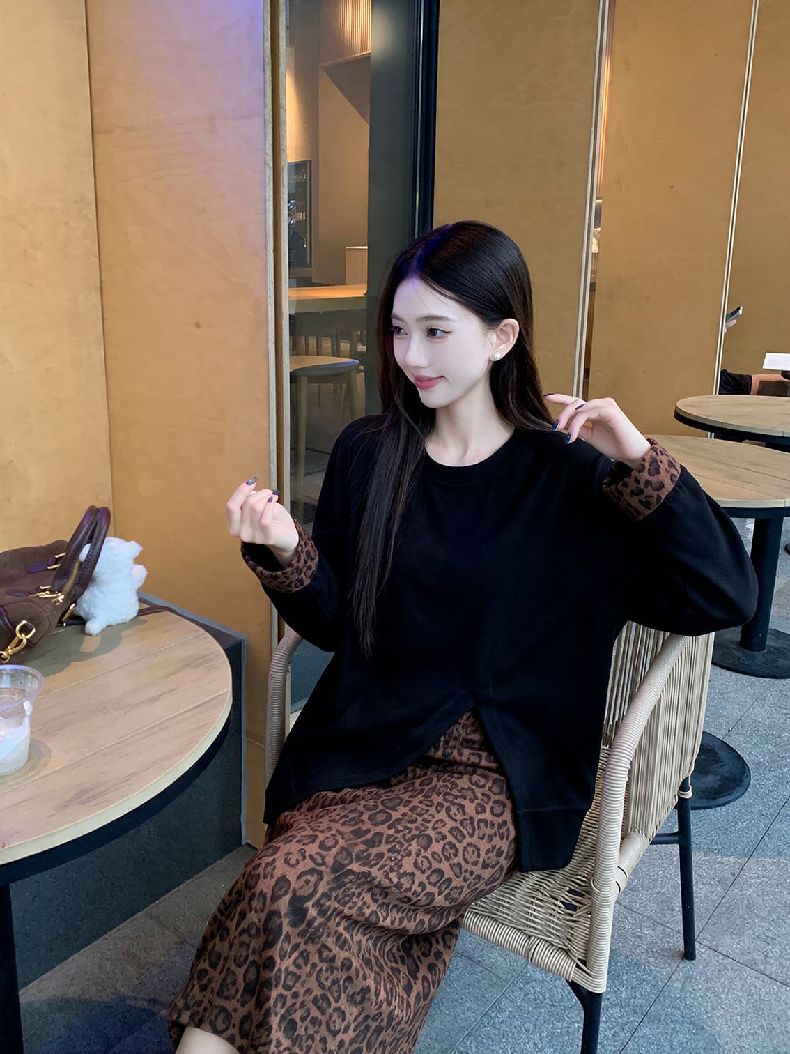 실사 빅 사이즈 여성 의류 가을 패션 두 조각 치마 아이들 지방 mm 숨기기 고기 슬림해 보이는 투피스 세트 세트 여성 상세 이미지 1
