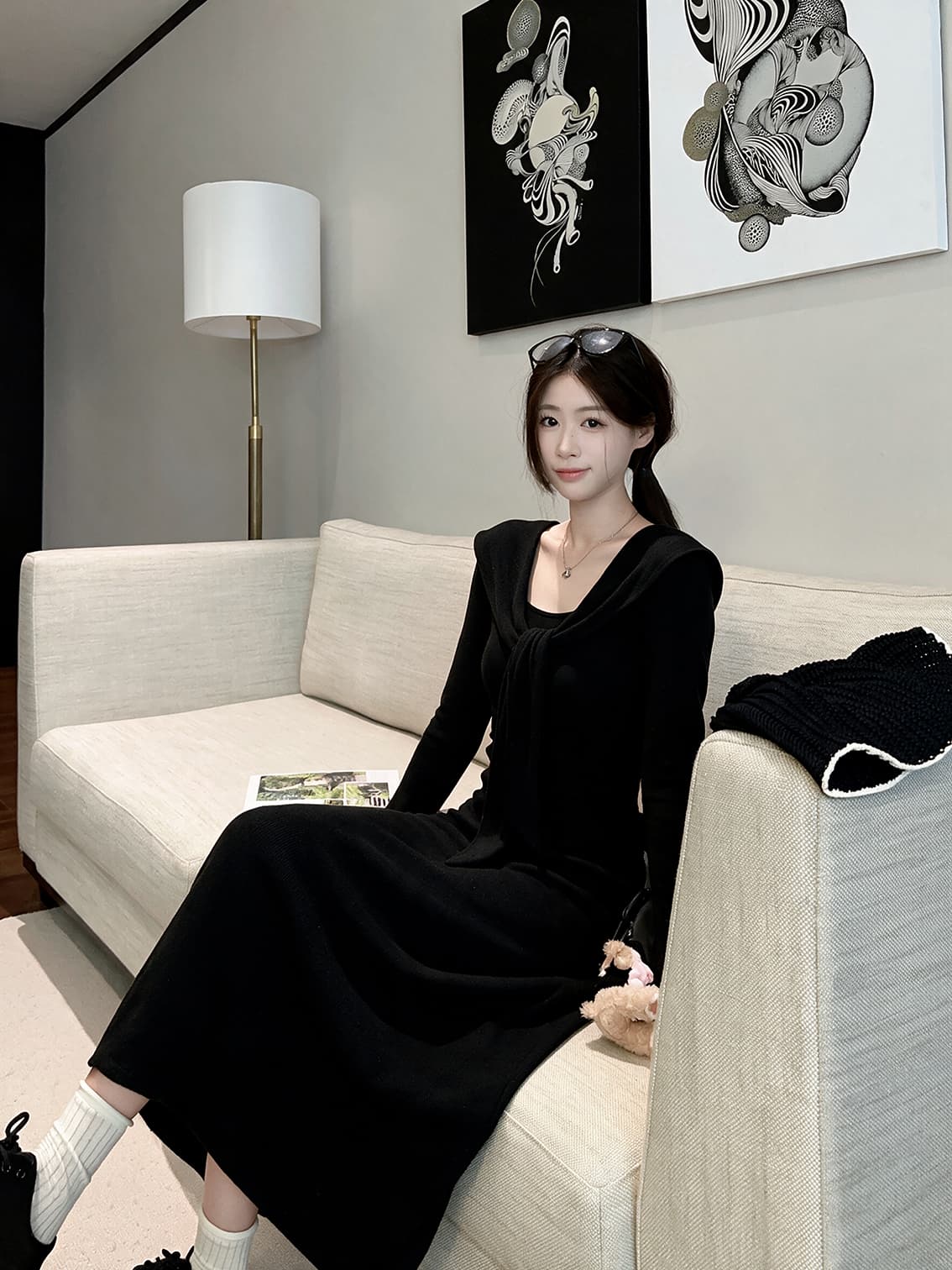 실사 1500 개 빅 사이즈 여성 의류 슬림해 보이는 하이웨이스트 허리 수축 니트 가을 디자인 센스 프랑스식 품격 롱 스커트 이미지 4