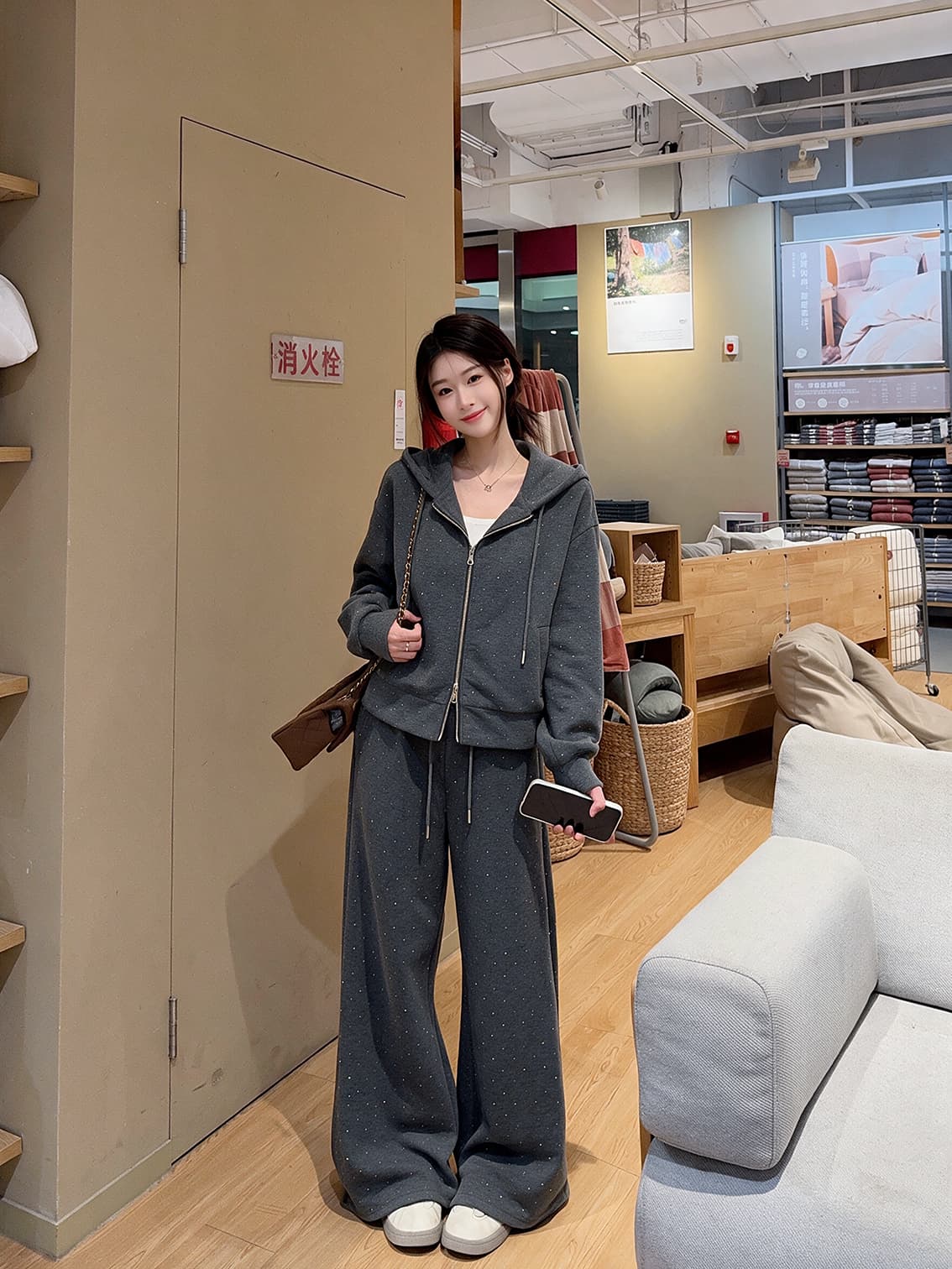 실사 빅 사이즈 여성 의류 한국 스타일 패션 슬림해 보이는 후드 티 스웨터 카디건 코트 스트레이트 캐주얼 와이드 레그 팬츠 세트 상세 이미지 8