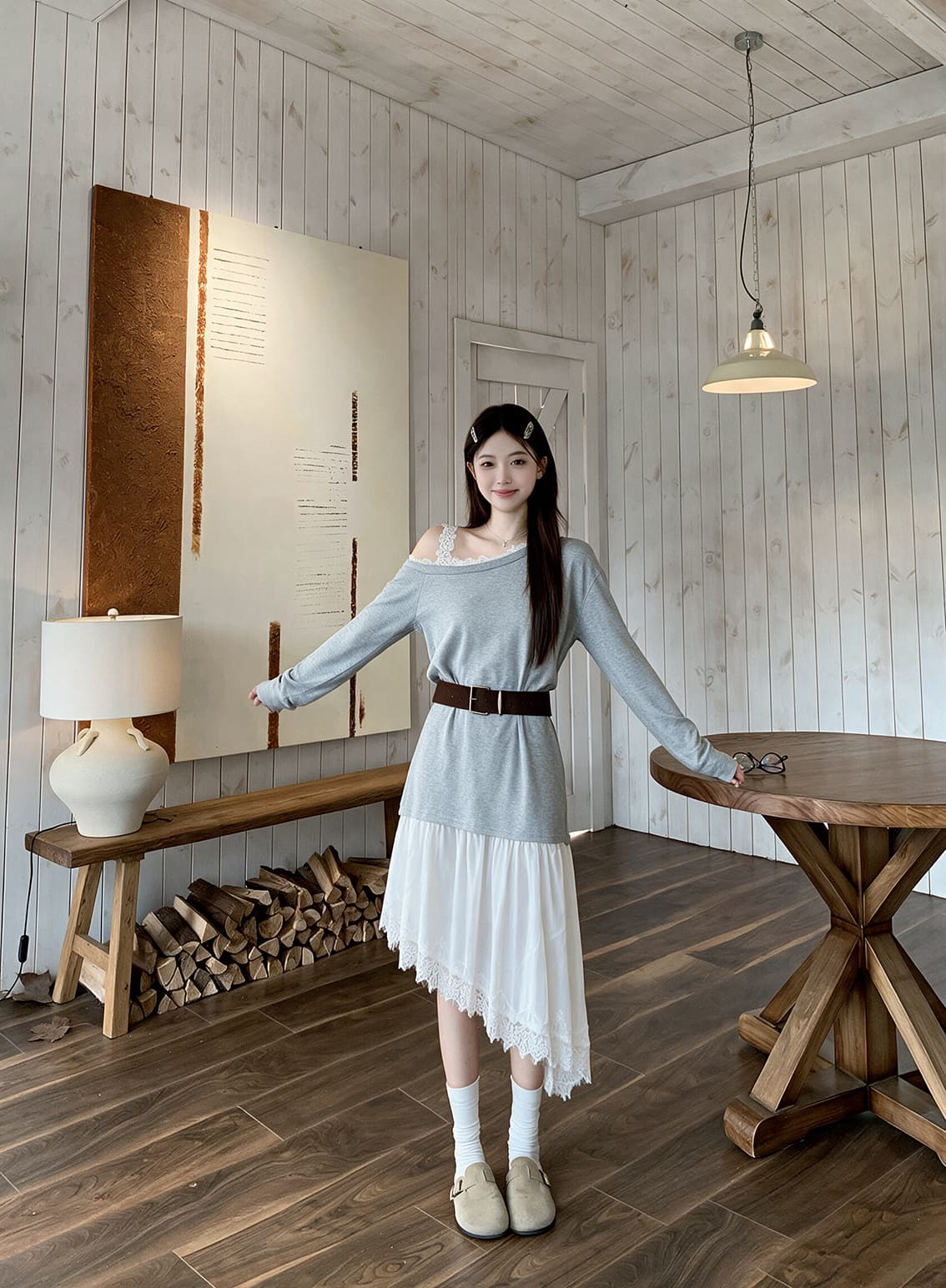 실사 빅 사이즈 여성 의류 가을 느슨함 디자인 센스 비스듬한 어깨 후드티 패치워크 불규칙 레이스 밑단 드레스 상세 이미지 4