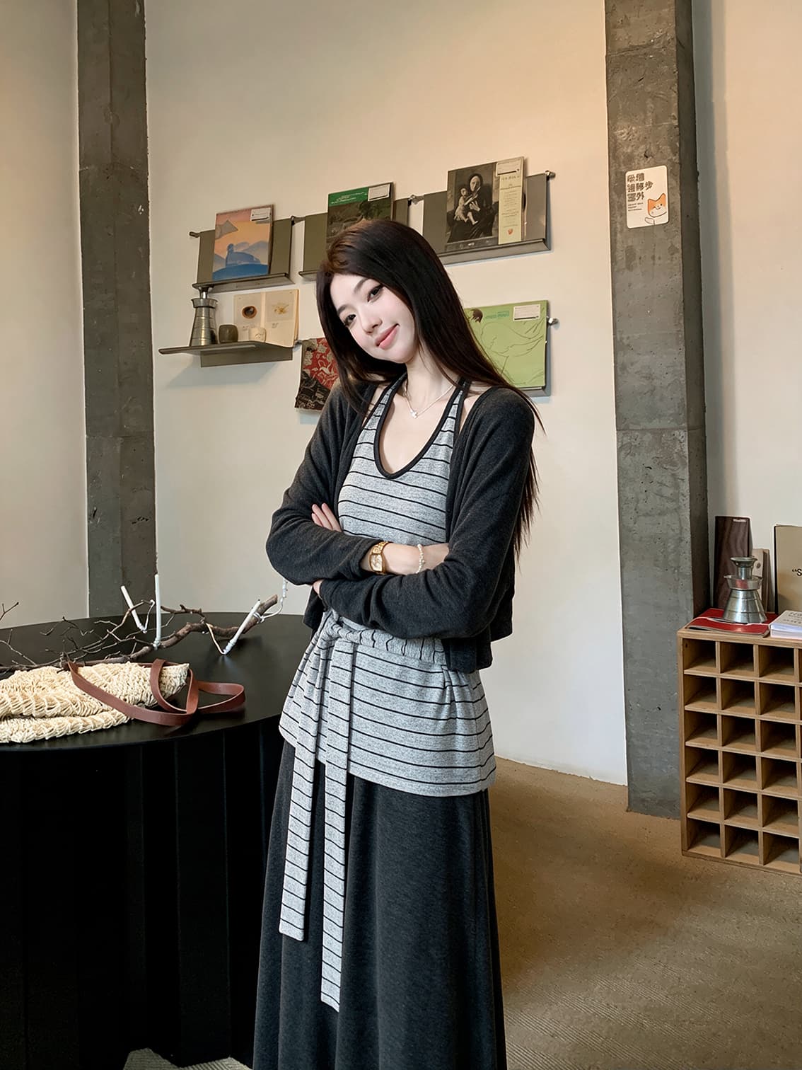 실사 빅 사이즈 여성 의류 가을 느긋한 바람 오픈 가디건 스트라이프 행침 목 스트랩 조끼 도루 가을 센스 한 마디 치마 세트 이미지 4
