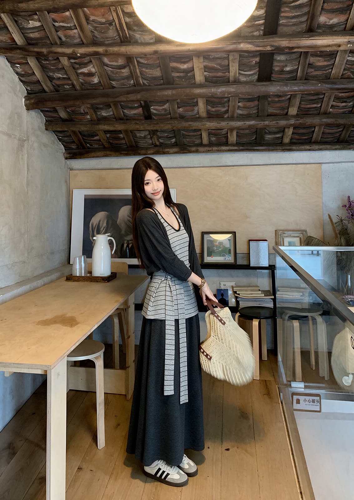 실사 빅 사이즈 여성 의류 가을 느긋한 바람 오픈 가디건 스트라이프 행침 목 스트랩 조끼 도루 가을 센스 한 마디 치마 세트 이미지 3