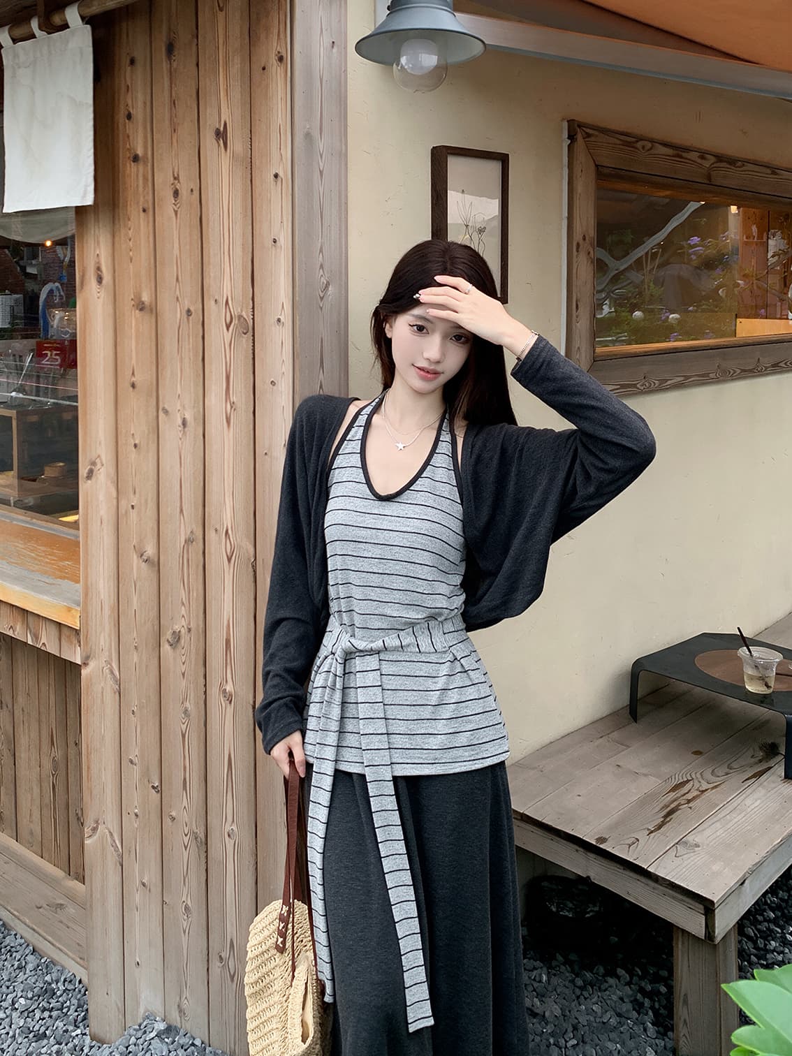 실사 빅 사이즈 여성 의류 가을 느긋한 바람 오픈 가디건 스트라이프 행침 목 스트랩 조끼 도루 가을 센스 한 마디 치마 세트 상세 이미지 2