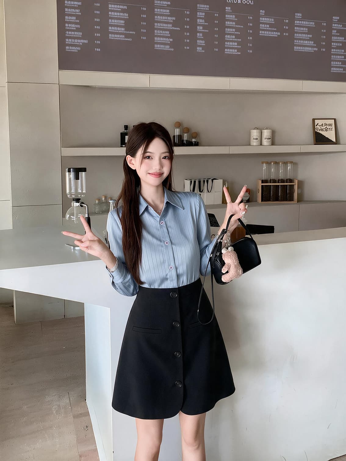 실사 빅 사이즈 여성 의류 품격 배색 셔츠 페이크 레이어드 프랑스식 블루 스트라이프 패치워크 허리 수축 드레스 이미지 3