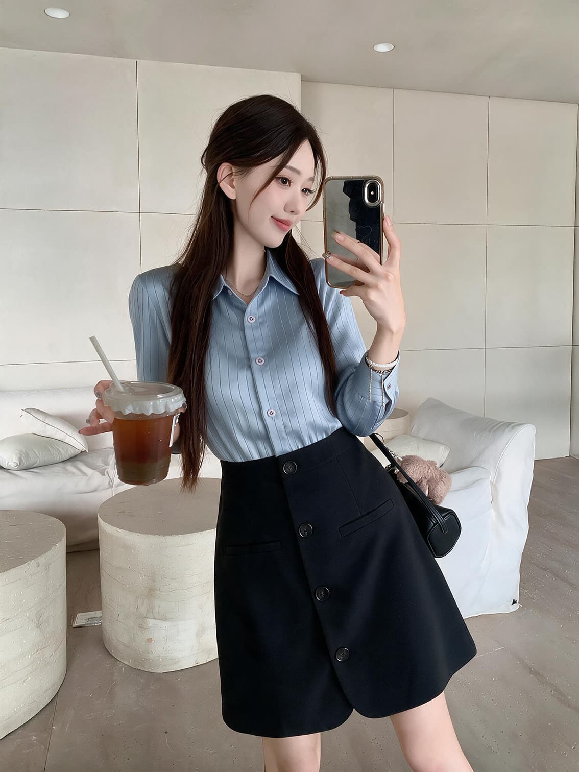 실사 빅 사이즈 여성 의류 품격 배색 셔츠 페이크 레이어드 프랑스식 블루 스트라이프 패치워크 허리 수축 드레스 상세 이미지 2