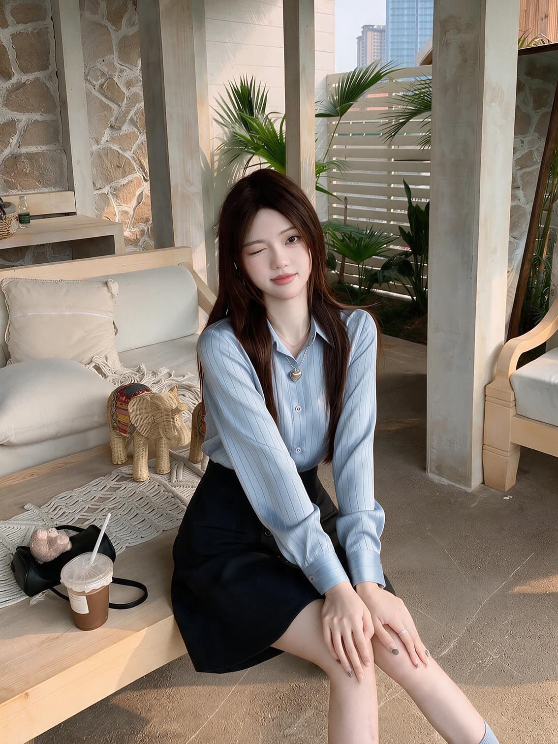실사 빅 사이즈 여성 의류 품격 배색 셔츠 페이크 레이어드 프랑스식 블루 스트라이프 패치워크 허리 수축 드레스 상세 이미지 3