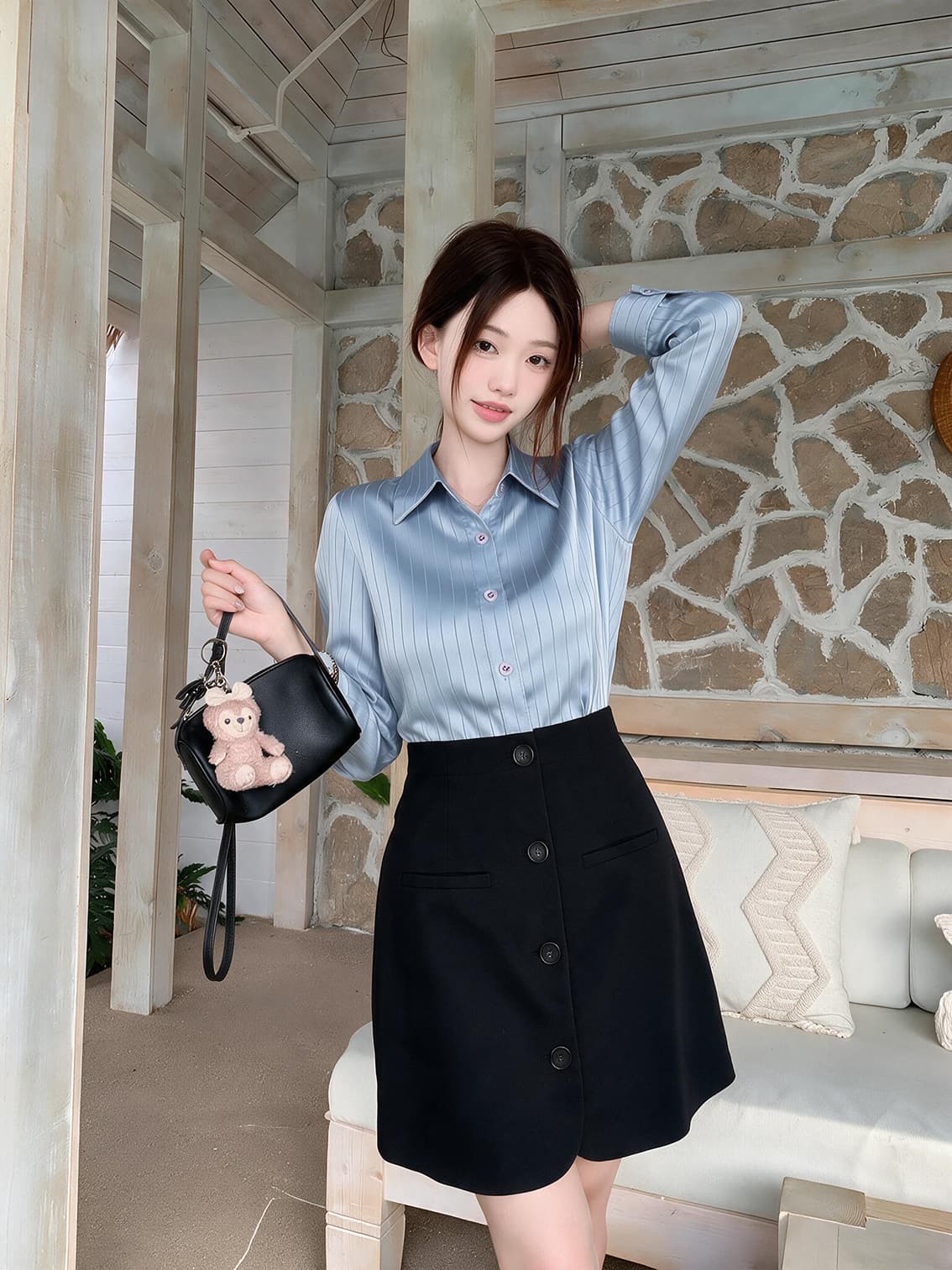 실사 빅 사이즈 여성 의류 품격 배색 셔츠 페이크 레이어드 프랑스식 블루 스트라이프 패치워크 허리 수축 드레스 상세 이미지 5