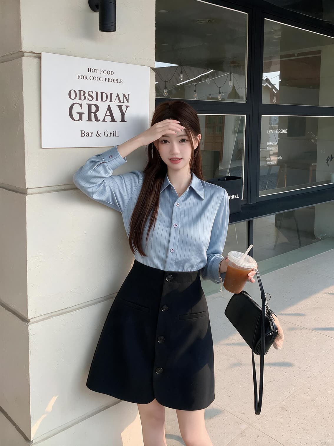 실사 빅 사이즈 여성 의류 품격 배색 셔츠 페이크 레이어드 프랑스식 블루 스트라이프 패치워크 허리 수축 드레스 상세 이미지 6