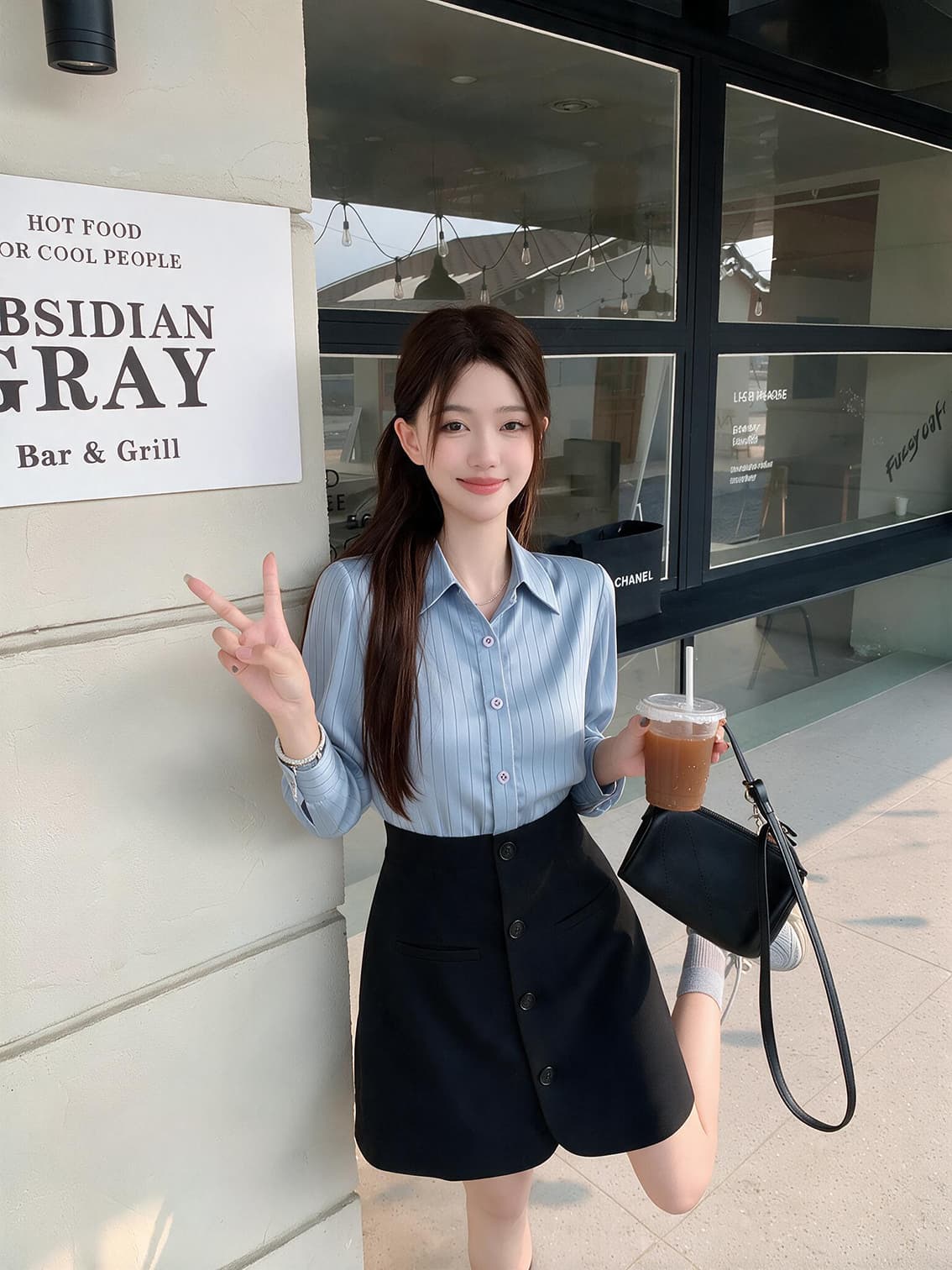 실사 빅 사이즈 여성 의류 품격 배색 셔츠 페이크 레이어드 프랑스식 블루 스트라이프 패치워크 허리 수축 드레스 상세 이미지 7