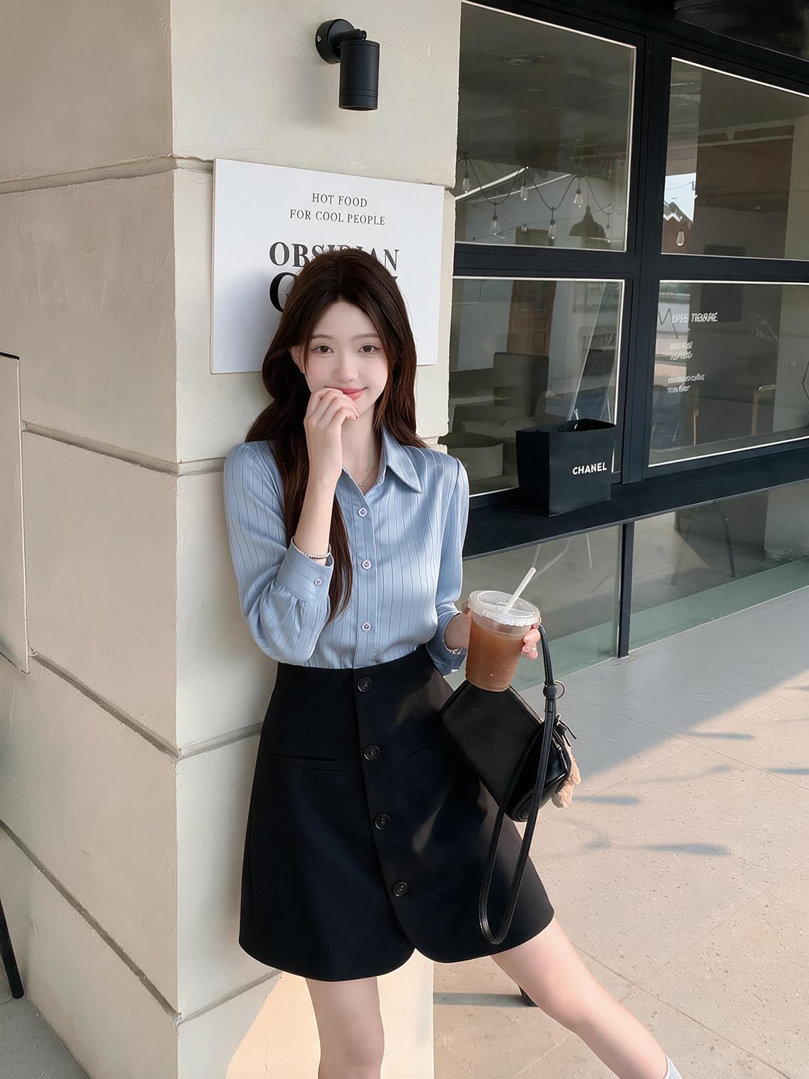 실사 빅 사이즈 여성 의류 품격 배색 셔츠 페이크 레이어드 프랑스식 블루 스트라이프 패치워크 허리 수축 드레스 상세 이미지 8