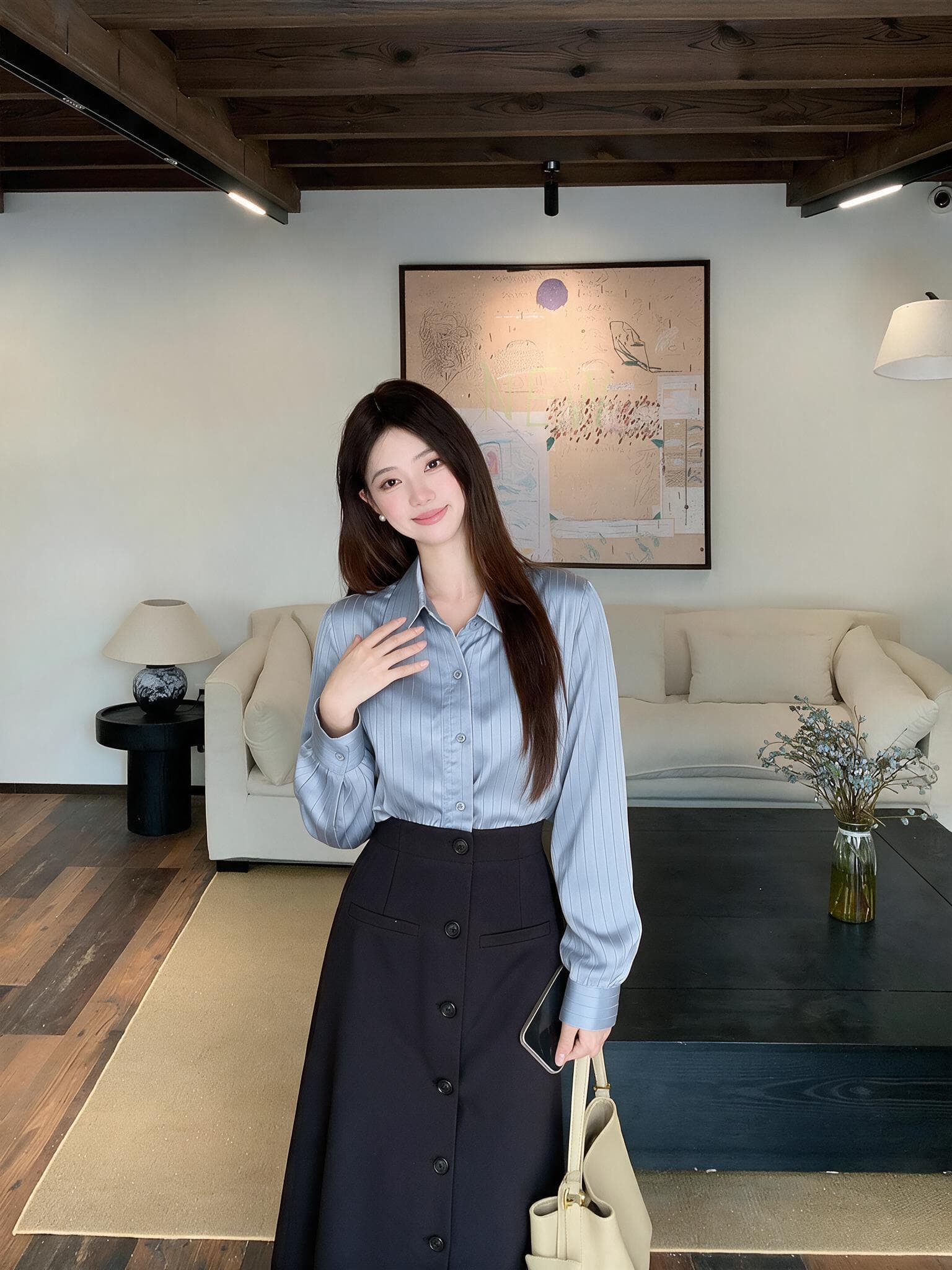 실사 빅 사이즈 여성 의류 품격 배색 셔츠 페이크 레이어드 프랑스식 블루 스트라이프 패치워크 허리 수축 드레스 상세 이미지 10