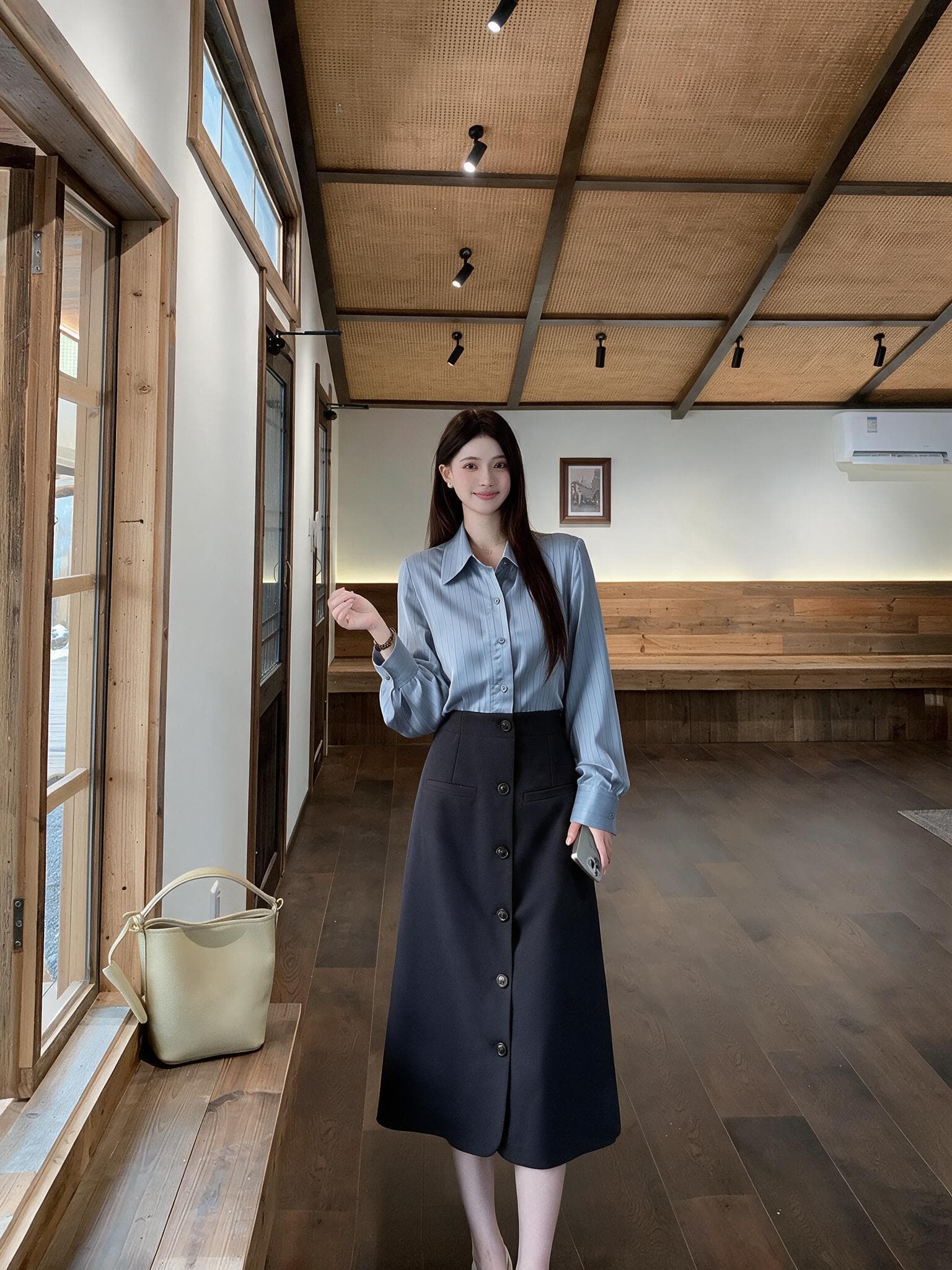 실사 빅 사이즈 여성 의류 품격 배색 셔츠 페이크 레이어드 프랑스식 블루 스트라이프 패치워크 허리 수축 드레스 상세 이미지 12