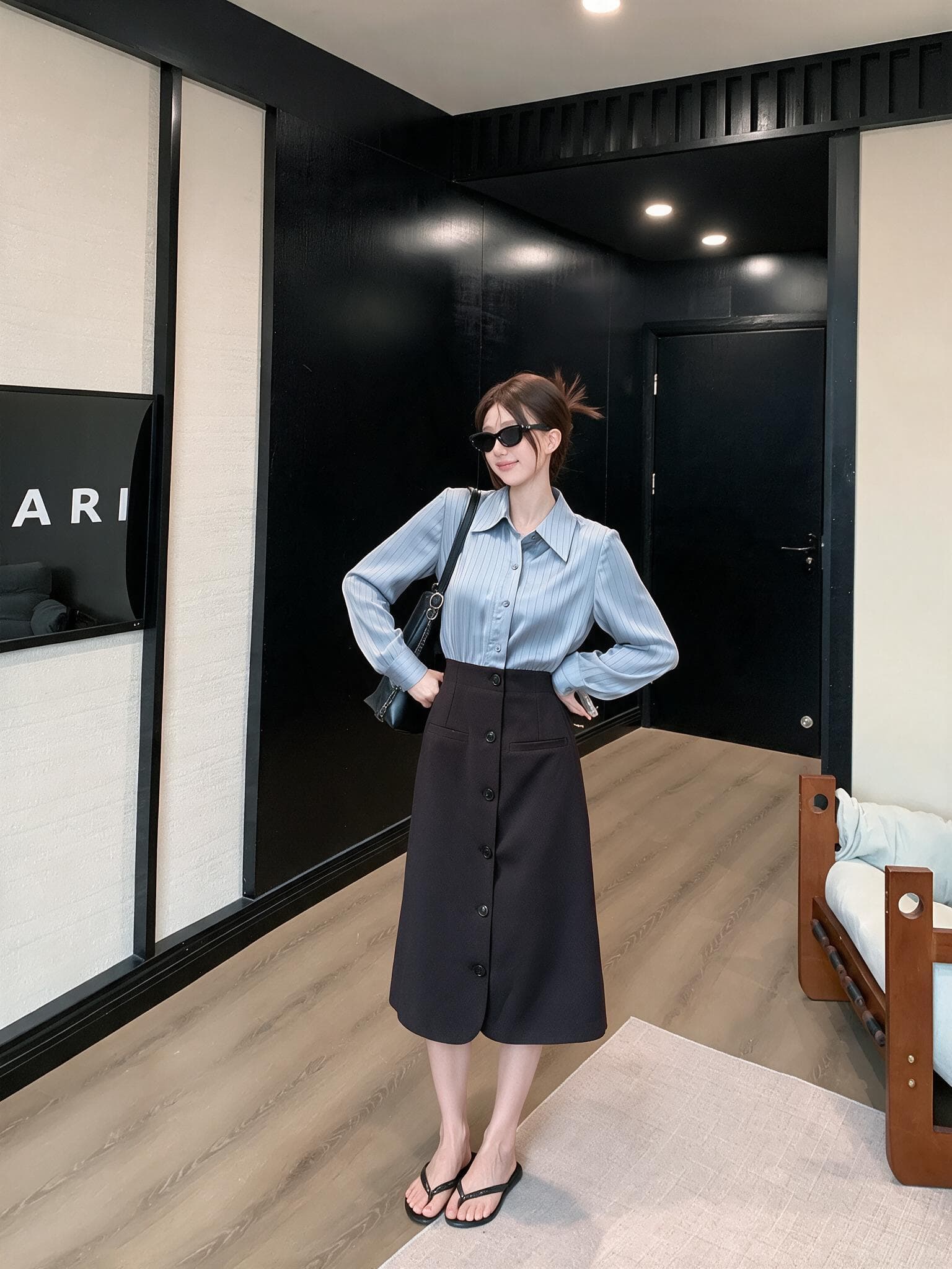 실사 빅 사이즈 여성 의류 품격 배색 셔츠 페이크 레이어드 프랑스식 블루 스트라이프 패치워크 허리 수축 드레스 상세 이미지 14