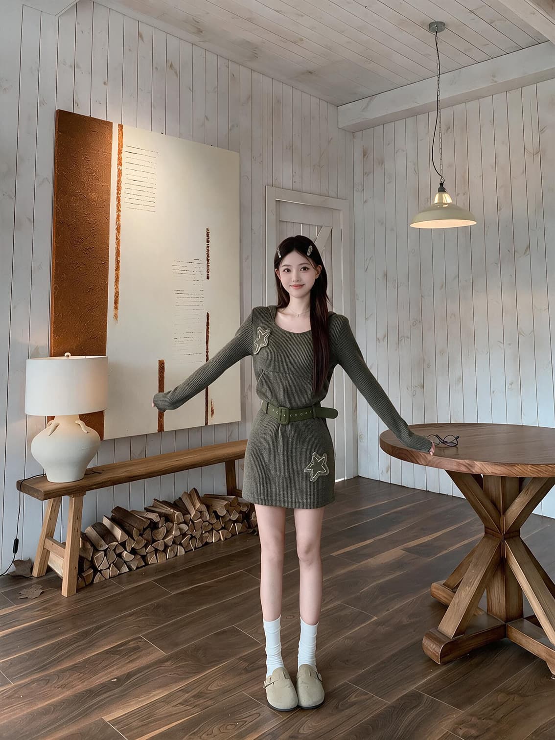 실사 빅 사이즈 여성 의류 불모지 바람 니트 핫걸 후드 작은 대중 레트로 별 디자인 센스 긴팔 까마귀 상세 이미지 5