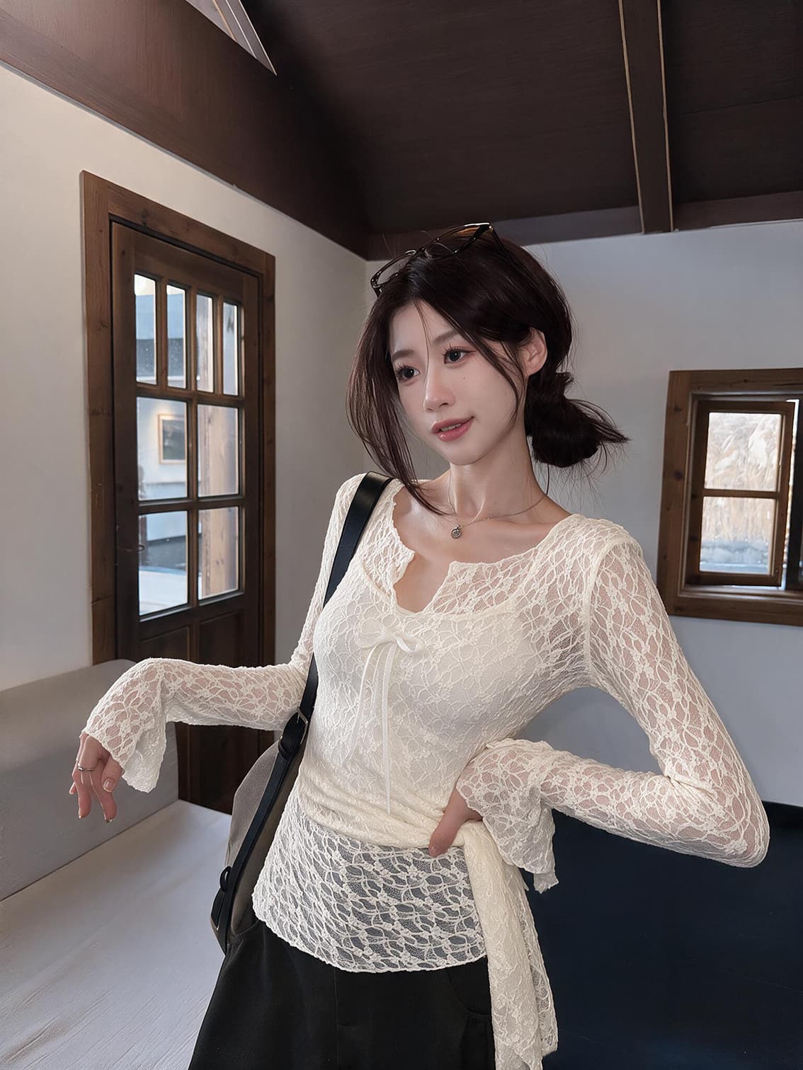 실사 가을 새로운 한 부서 순수한 욕망 레이스 자수 디자인 센스 긴팔 작은 셔츠 페이크 레이어드 맨위 여성 상세 이미지 7