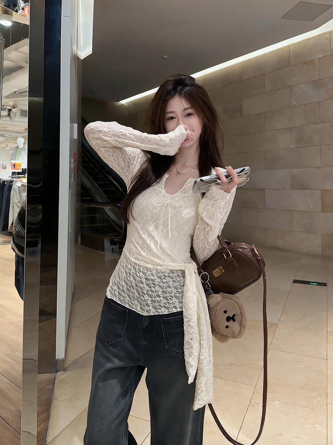 실사 가을 새로운 한 부서 순수한 욕망 레이스 자수 디자인 센스 긴팔 작은 셔츠 페이크 레이어드 맨위 여성 상세 이미지 9