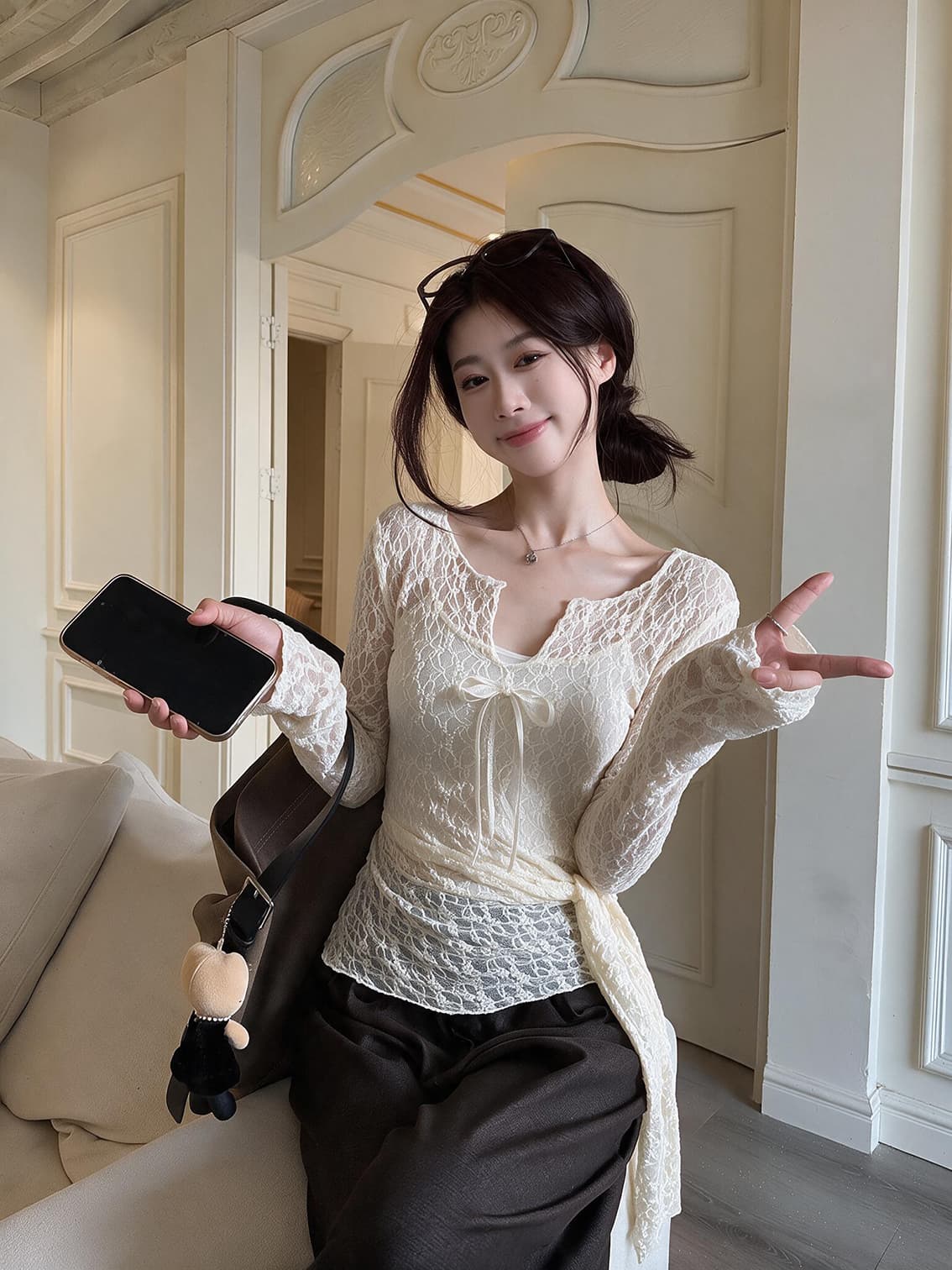실사 가을 새로운 한 부서 순수한 욕망 레이스 자수 디자인 센스 긴팔 작은 셔츠 페이크 레이어드 맨위 여성 상세 이미지 11