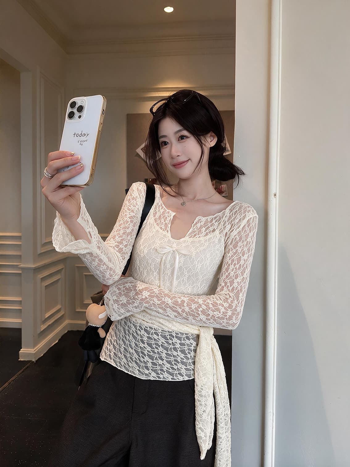 실사 가을 새로운 한 부서 순수한 욕망 레이스 자수 디자인 센스 긴팔 작은 셔츠 페이크 레이어드 맨위 여성 상세 이미지 12
