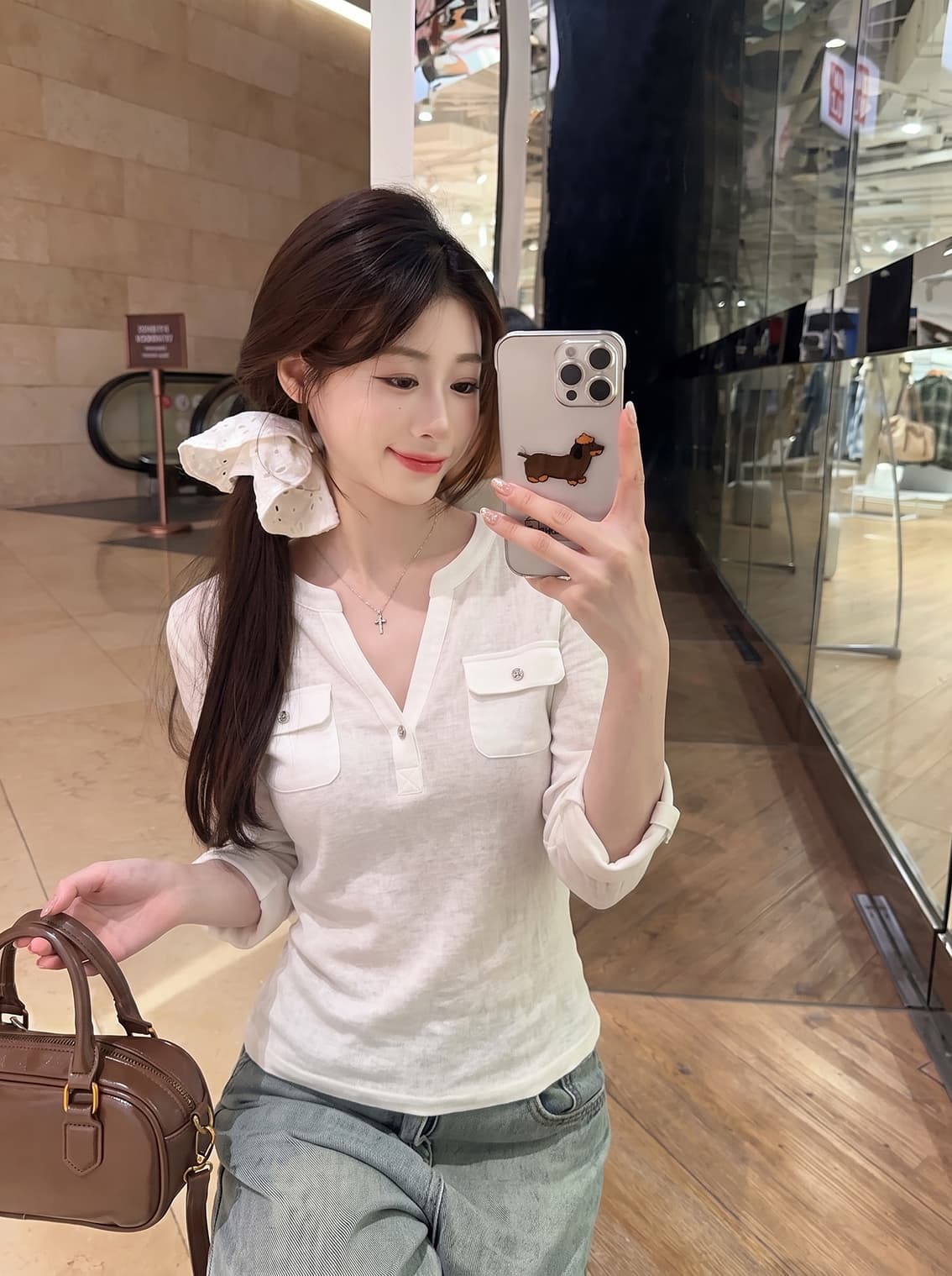 실사 가을 패션 다용도 고급 센스 화이트 편안함 통기성 중간 소매 티셔츠 여성 레저 바람 새로운 맨위 이미지 3