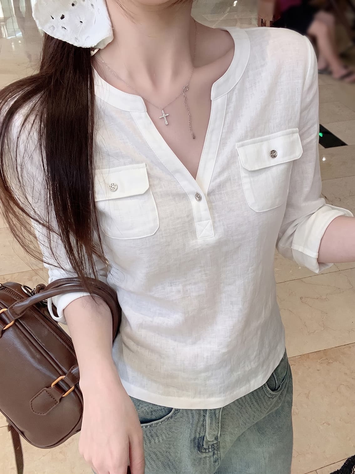 실사 가을 패션 다용도 고급 센스 화이트 편안함 통기성 중간 소매 티셔츠 여성 레저 바람 새로운 맨위 이미지 4
