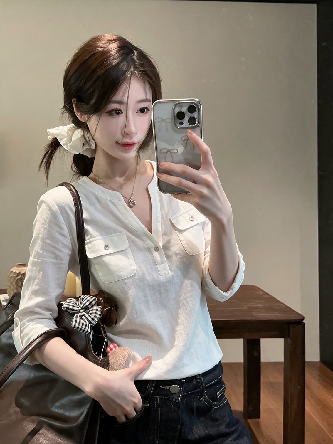 실사 가을 패션 다용도 고급 센스 화이트 편안함 통기성 중간 소매 티셔츠 여성 레저 바람 새로운 맨위 상세 이미지 2