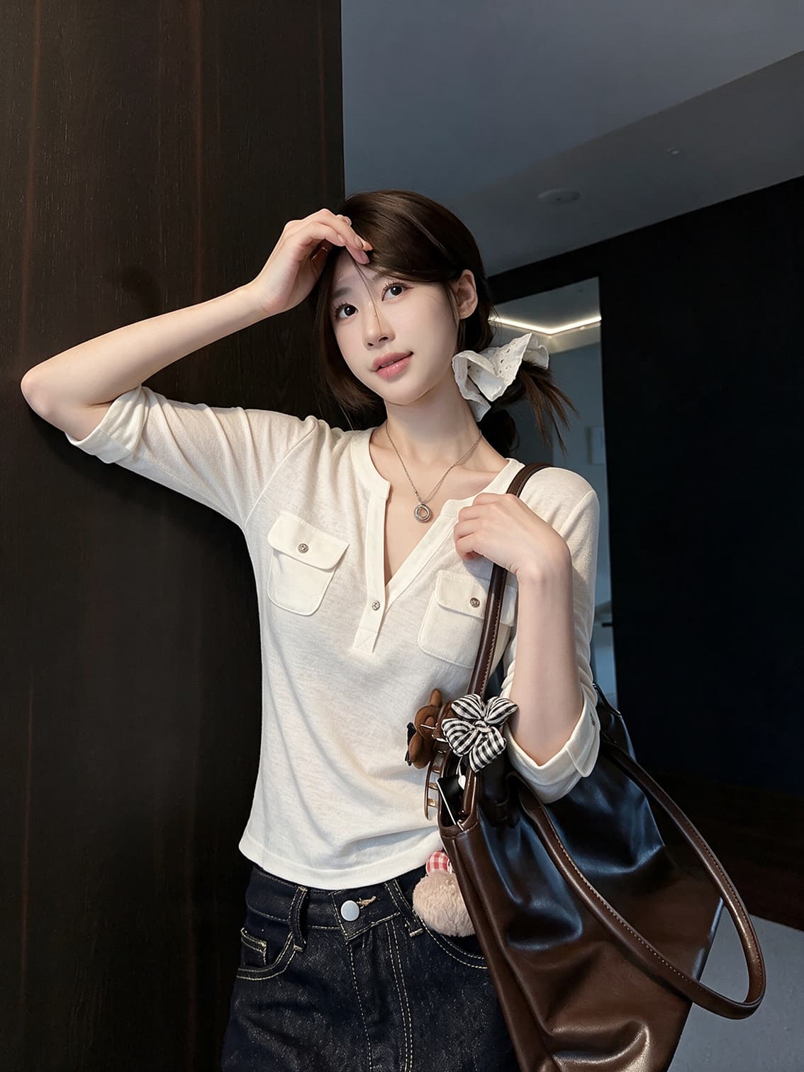 실사 가을 패션 다용도 고급 센스 화이트 편안함 통기성 중간 소매 티셔츠 여성 레저 바람 새로운 맨위 상세 이미지 4