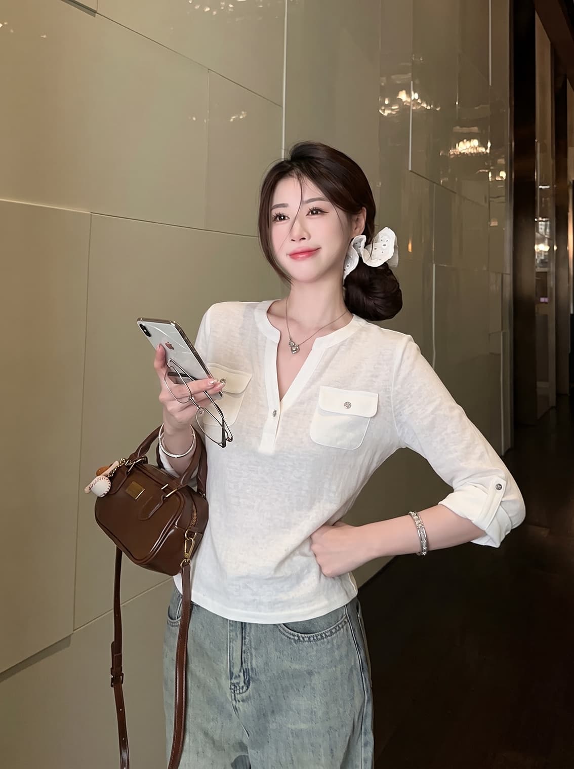 실사 가을 패션 다용도 고급 센스 화이트 편안함 통기성 중간 소매 티셔츠 여성 레저 바람 새로운 맨위 상세 이미지 6