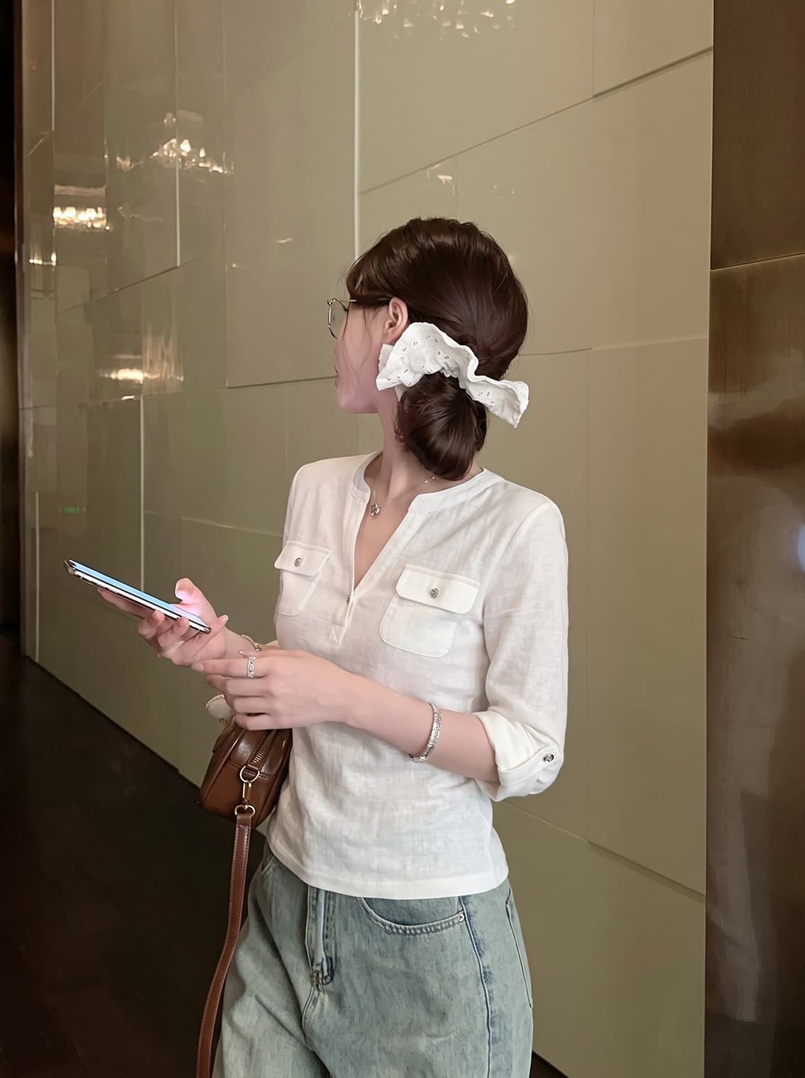 실사 가을 패션 다용도 고급 센스 화이트 편안함 통기성 중간 소매 티셔츠 여성 레저 바람 새로운 맨위 상세 이미지 9