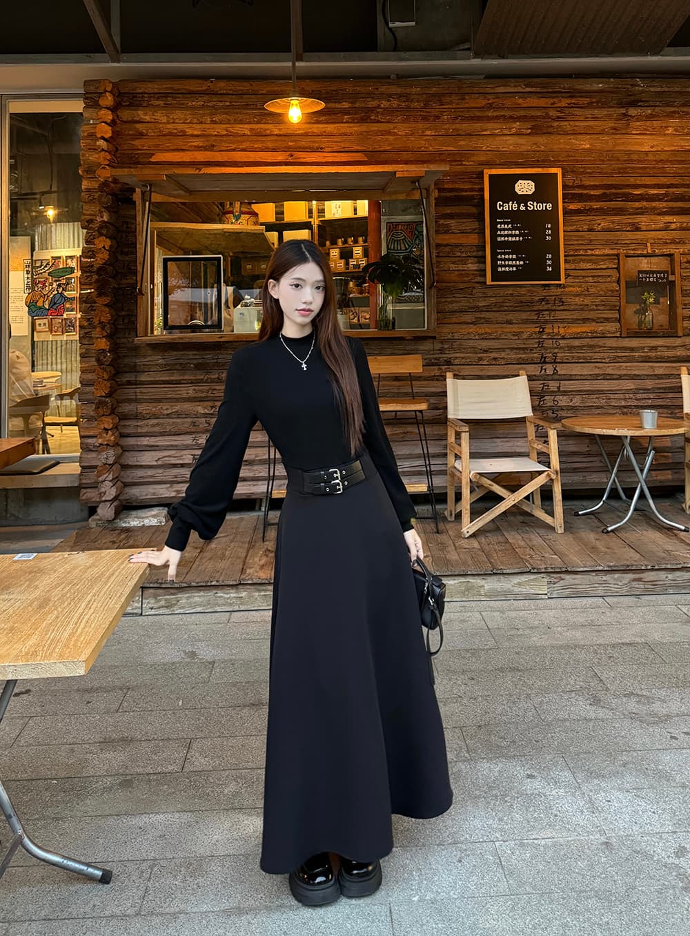 실사 빅 사이즈 여성 의류 페이크 레이어드 여성 가을 겨울 새로운 긴팔 터틀넥 패치워크 슬림해 보이는 허리 수축 만나는 작은 검은 드레스
