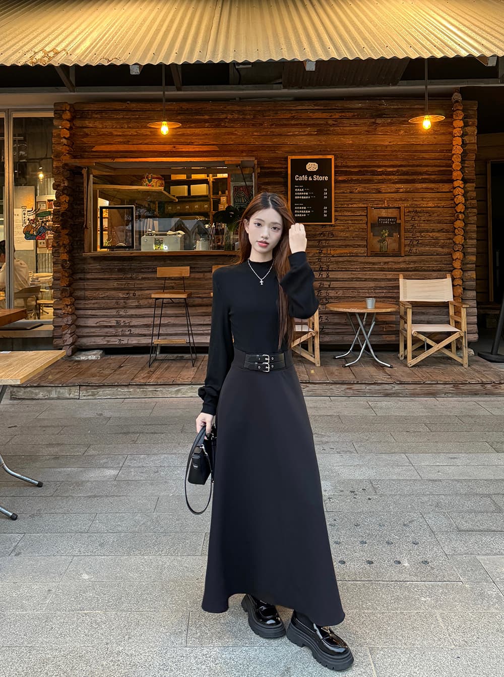 실사 빅 사이즈 여성 의류 페이크 레이어드 여성 가을 겨울 새로운 긴팔 터틀넥 패치워크 슬림해 보이는 허리 수축 만나는 작은 검은 드레스 상세 이미지 2