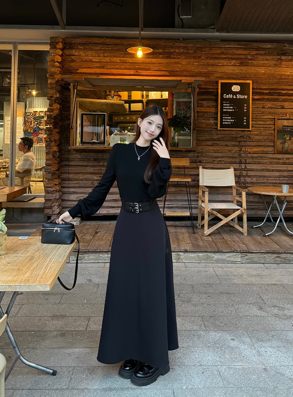 실사 빅 사이즈 여성 의류 페이크 레이어드 여성 가을 겨울 새로운 긴팔 터틀넥 패치워크 슬림해 보이는 허리 수축 만나는 작은 검은 드레스 상세 이미지 4