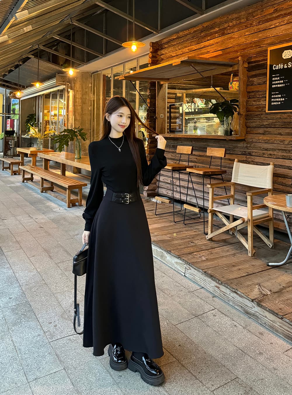 실사 빅 사이즈 여성 의류 페이크 레이어드 여성 가을 겨울 새로운 긴팔 터틀넥 패치워크 슬림해 보이는 허리 수축 만나는 작은 검은 드레스 상세 이미지 7
