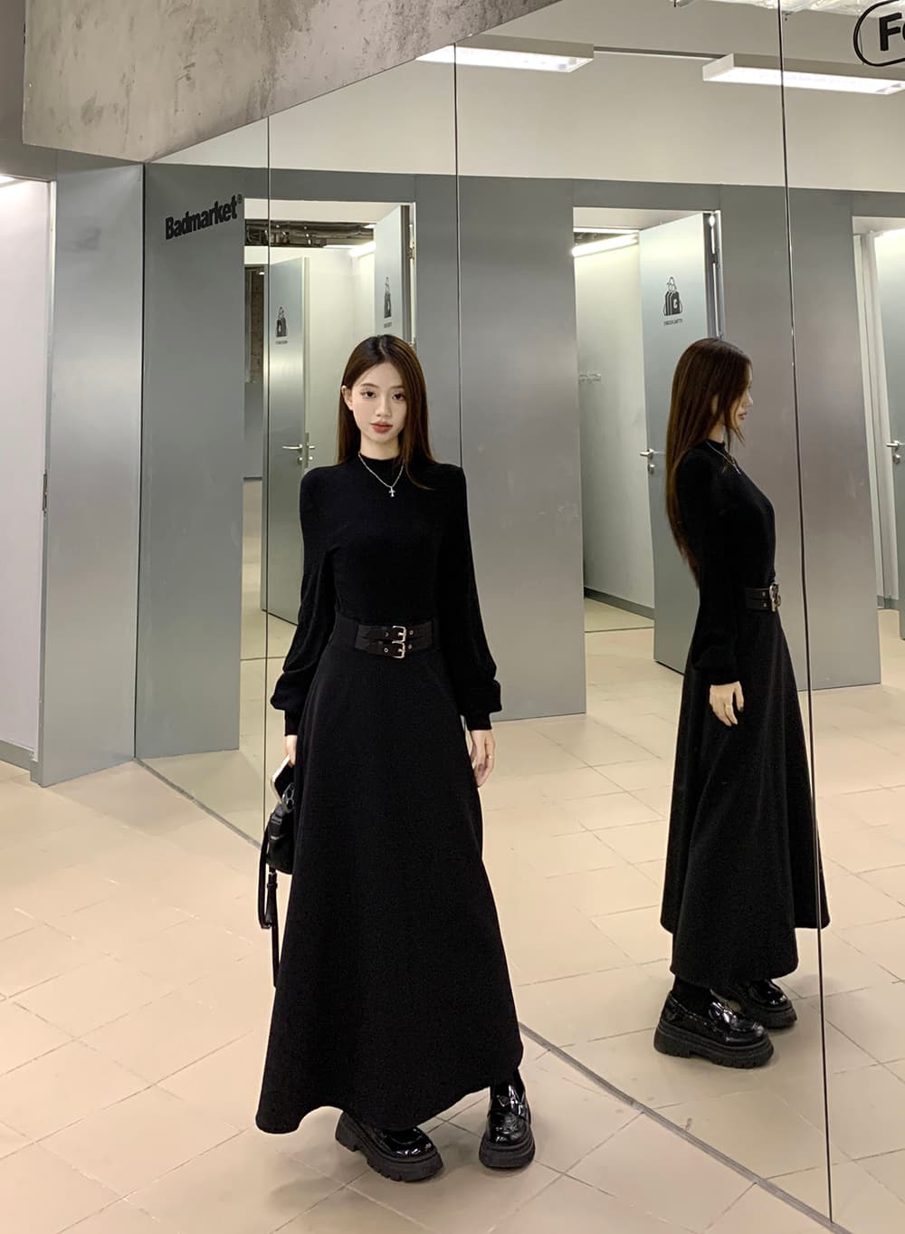 실사 빅 사이즈 여성 의류 페이크 레이어드 여성 가을 겨울 새로운 긴팔 터틀넥 패치워크 슬림해 보이는 허리 수축 만나는 작은 검은 드레스 상세 이미지 17