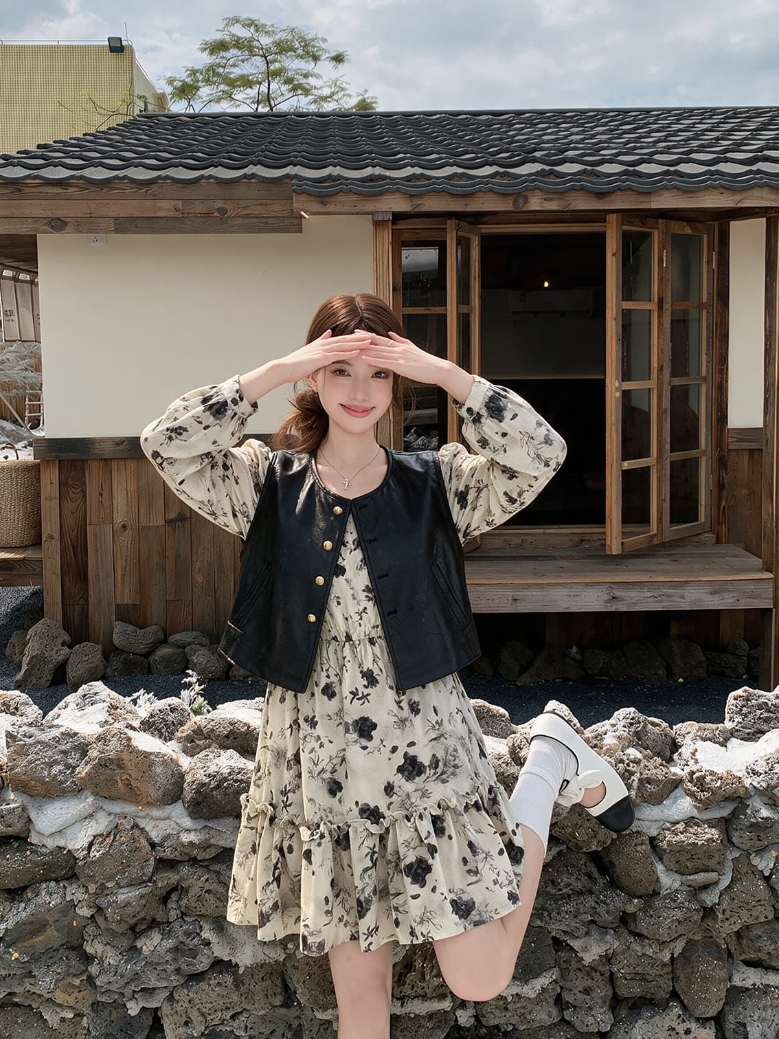 실사 빅 사이즈 여성 의류 패션 슬림해 보이는 품격 pu 베스트 프랑스식 꽃무늬 드레스 지방 mm 숨기기 고기 슬림해 보이는 상세 이미지 6