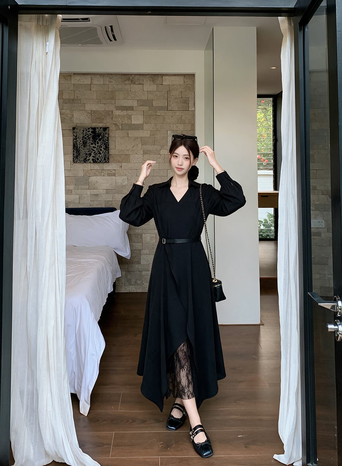 실사 빅 사이즈 여성 의류 가을 겨울 프랑스식 그는 벤 바람 검정색 레이스 조각 불규칙 치마 슬림해 보이는 드레스 이미지 3