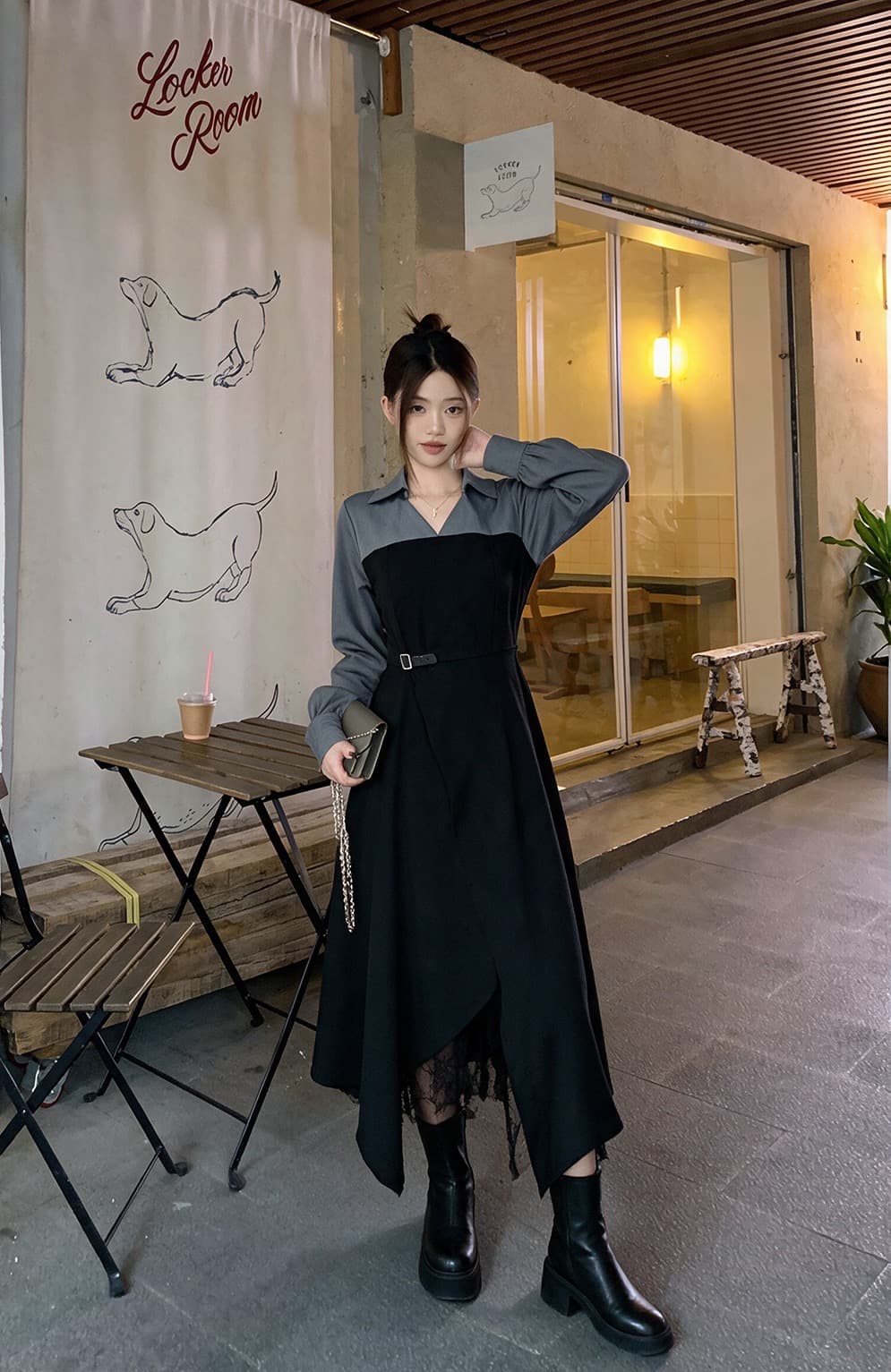 실사 빅 사이즈 여성 의류 가을 겨울 프랑스식 그는 벤 바람 검정색 레이스 조각 불규칙 치마 슬림해 보이는 드레스 상세 이미지 2