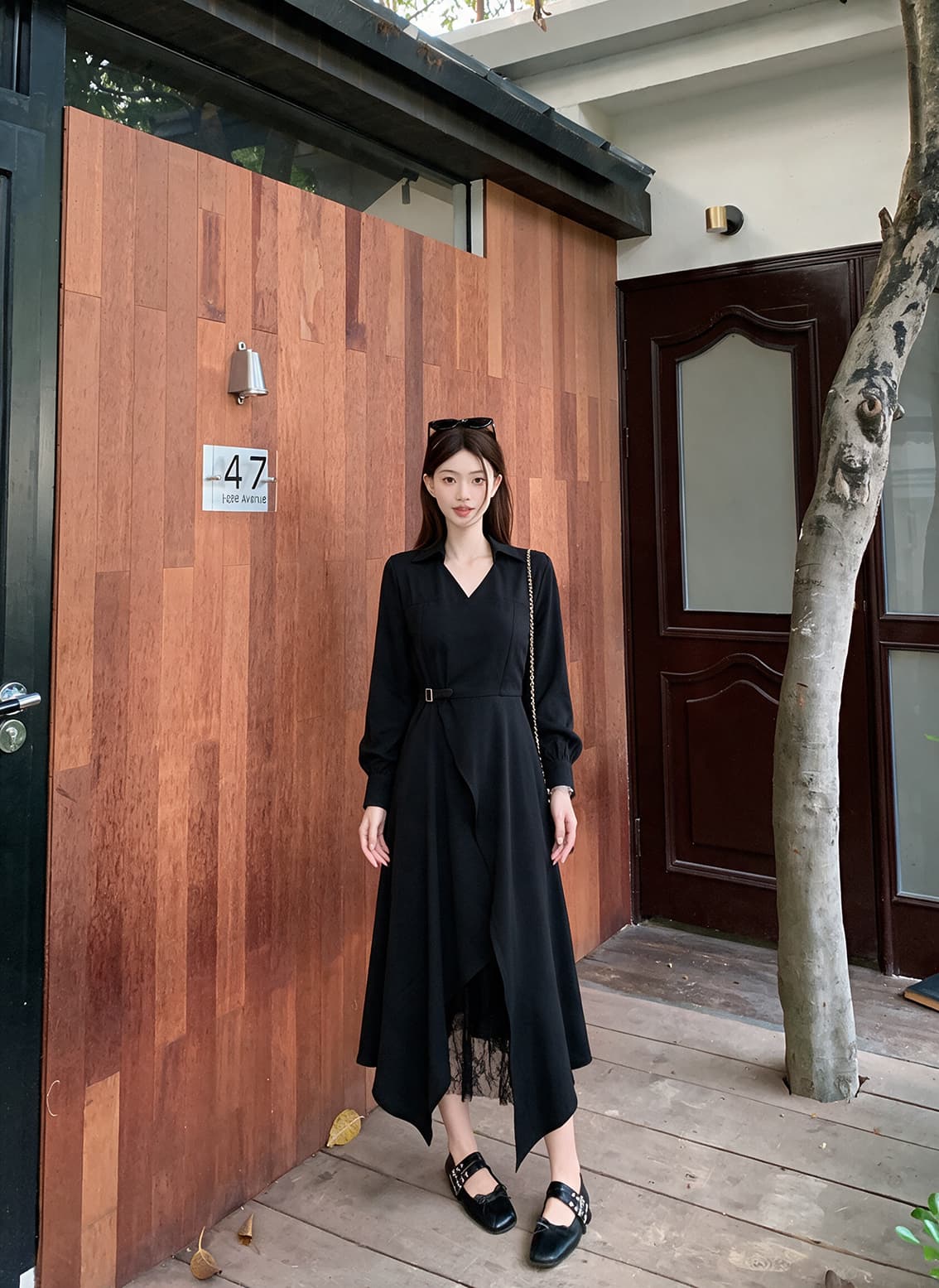 실사 빅 사이즈 여성 의류 가을 겨울 프랑스식 그는 벤 바람 검정색 레이스 조각 불규칙 치마 슬림해 보이는 드레스 상세 이미지 5