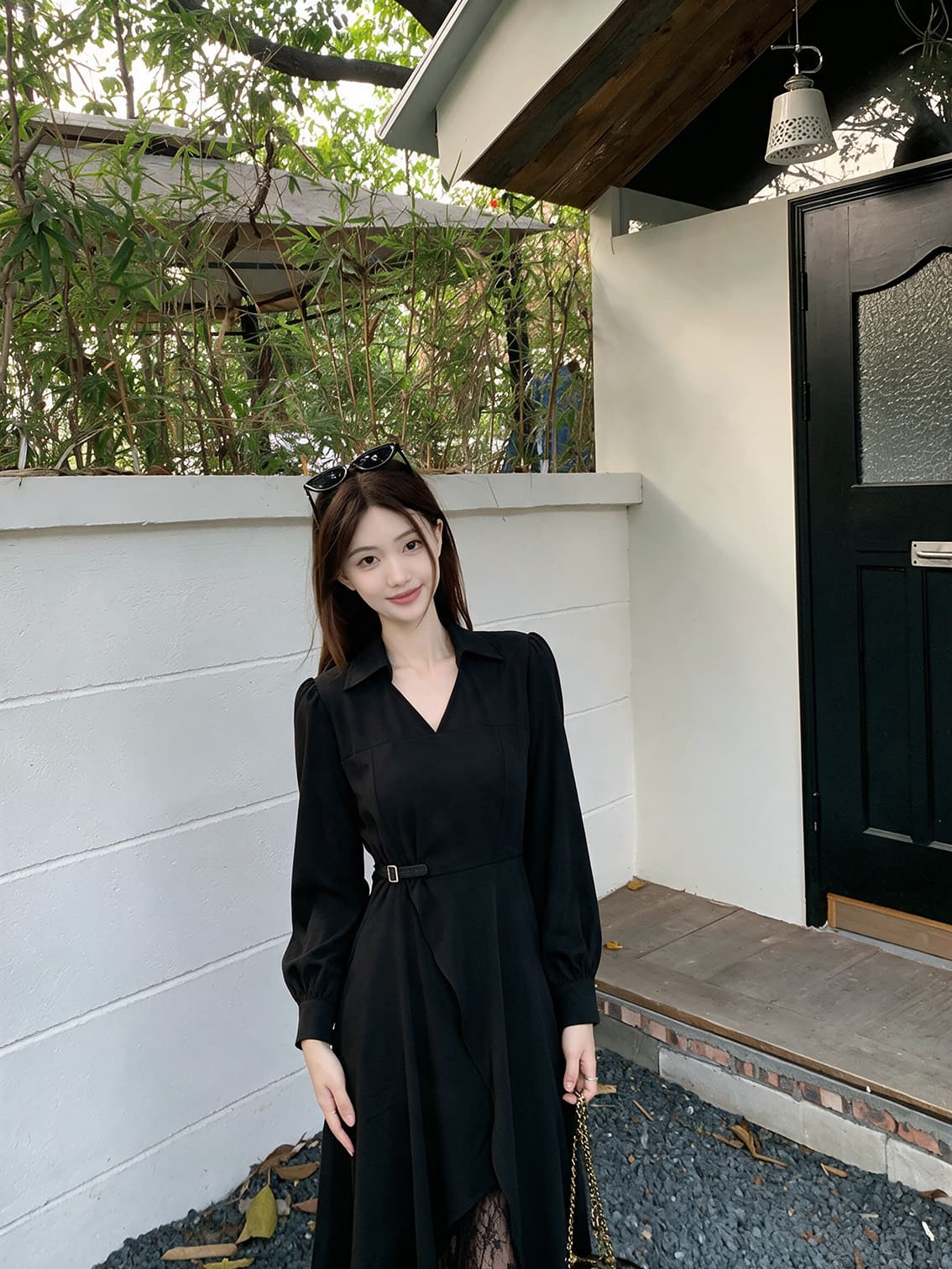 실사 빅 사이즈 여성 의류 가을 겨울 프랑스식 그는 벤 바람 검정색 레이스 조각 불규칙 치마 슬림해 보이는 드레스 상세 이미지 8