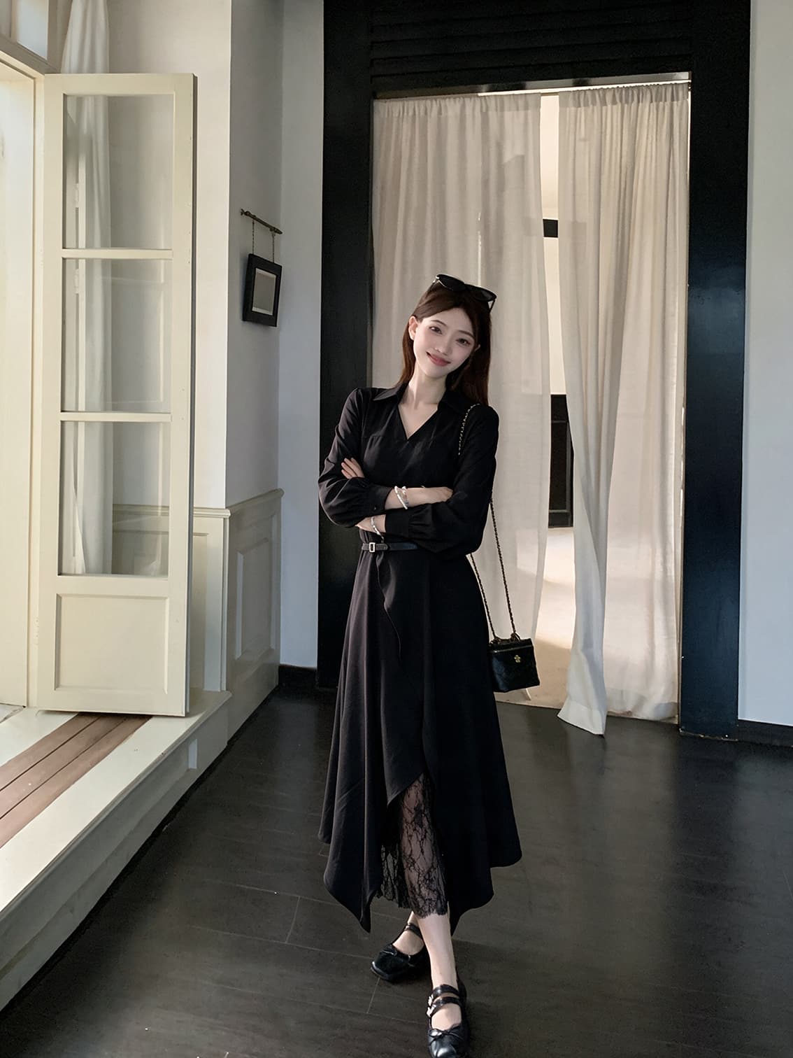실사 빅 사이즈 여성 의류 가을 겨울 프랑스식 그는 벤 바람 검정색 레이스 조각 불규칙 치마 슬림해 보이는 드레스 상세 이미지 9