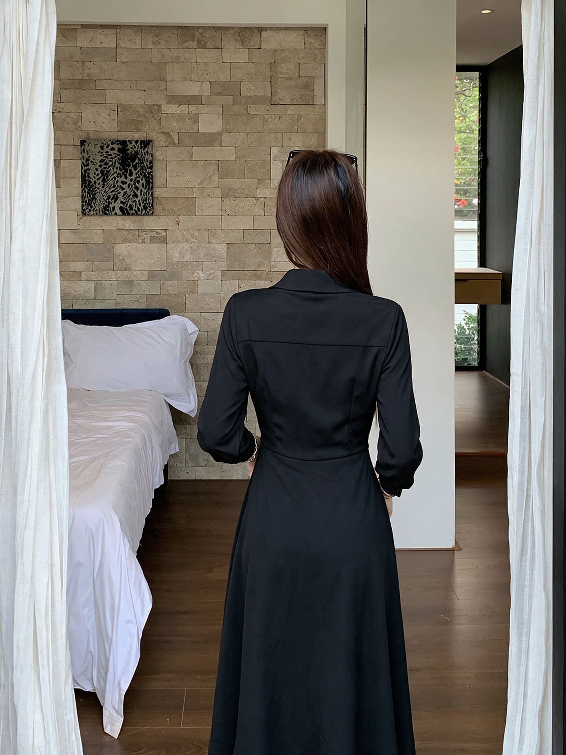 실사 빅 사이즈 여성 의류 가을 겨울 프랑스식 그는 벤 바람 검정색 레이스 조각 불규칙 치마 슬림해 보이는 드레스 상세 이미지 11