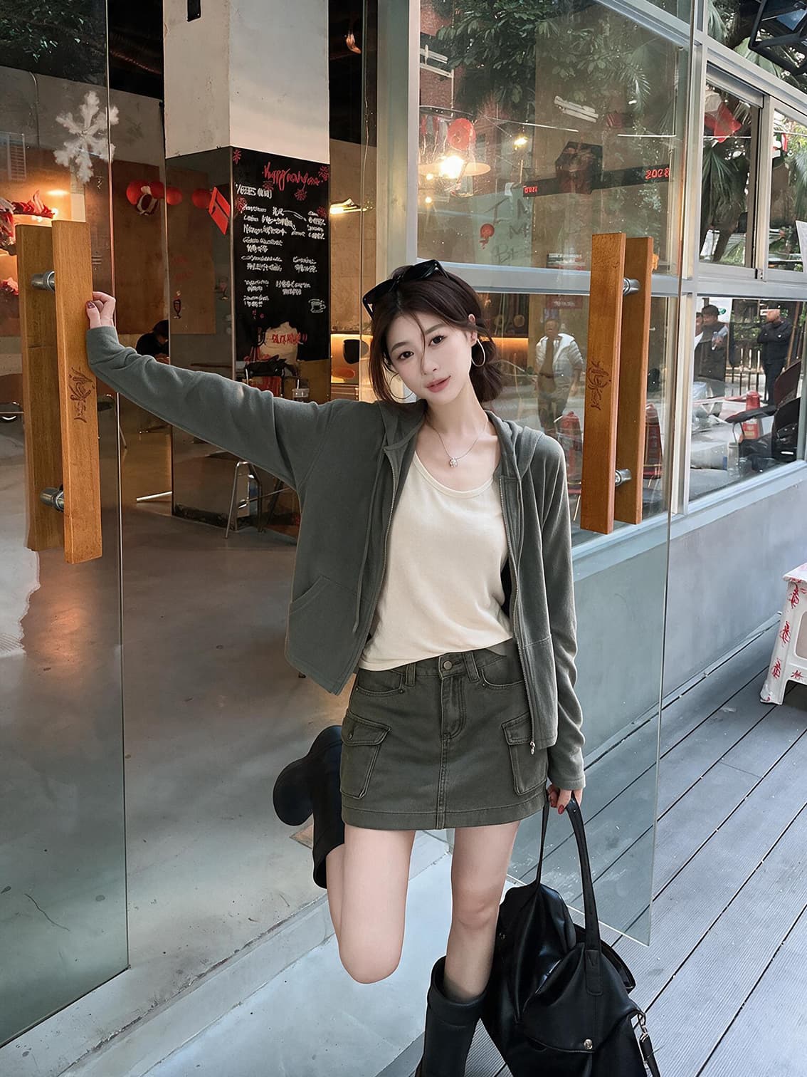 실사 가을 한 부서 느긋한 바람 후드 짧은 외투 한 부서 워크웨어 무거운 작업 기타 주머니 디자인 데님 미니 스커트