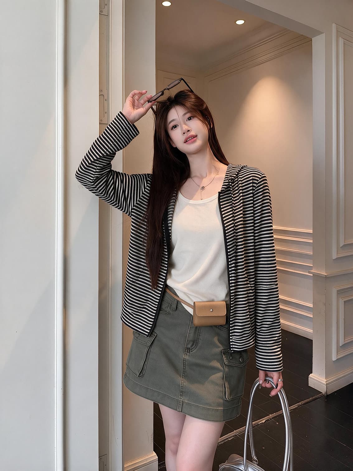 실사 가을 한 부서 느긋한 바람 후드 짧은 외투 한 부서 워크웨어 무거운 작업 기타 주머니 디자인 데님 미니 스커트 상세 이미지 9