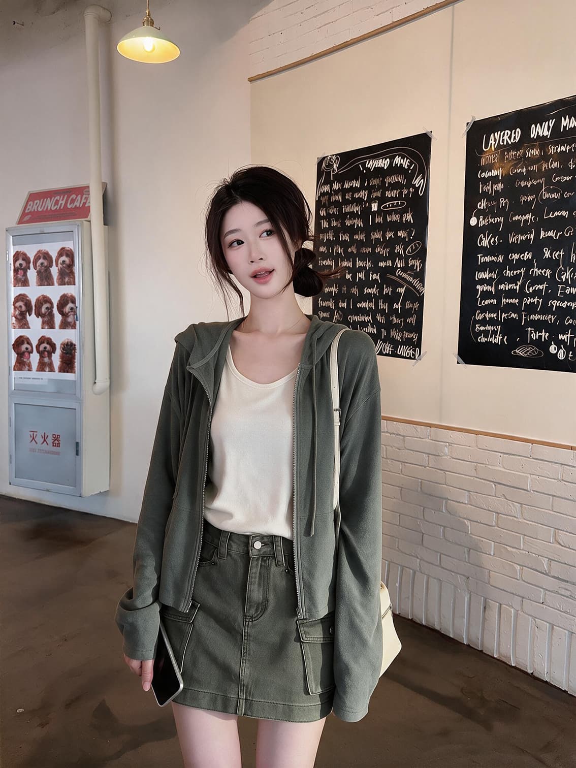 실사 가을 한 부서 느긋한 바람 후드 짧은 외투 한 부서 워크웨어 무거운 작업 기타 주머니 디자인 데님 미니 스커트 상세 이미지 12