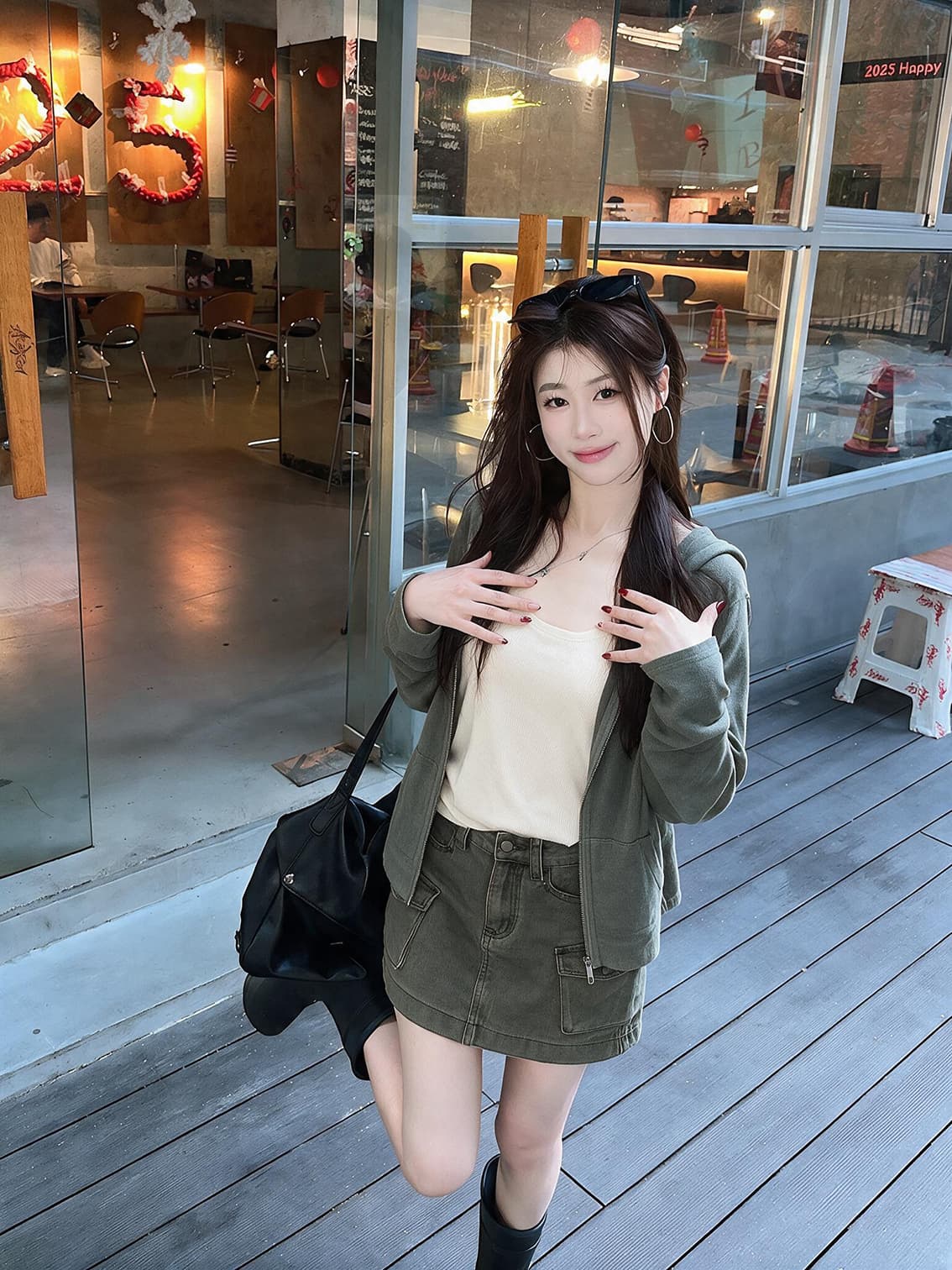 실사 가을 한 부서 느긋한 바람 후드 짧은 외투 한 부서 워크웨어 무거운 작업 기타 주머니 디자인 데님 미니 스커트 상세 이미지 15
