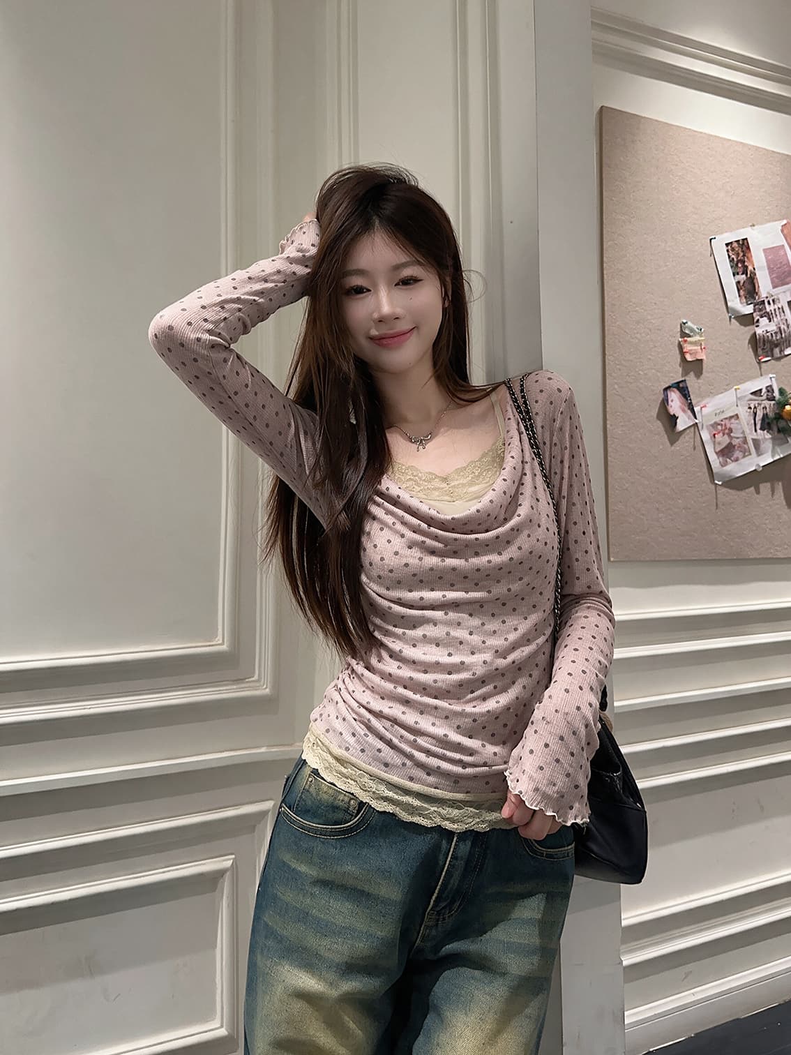 실사 한 부서 핫걸 레이스 조각 도트 무늬 흔들다 칼라 맨위 여성 가을 새로운 긴팔 티셔츠 디자인 센스 작은 대중 상세 이미지 6