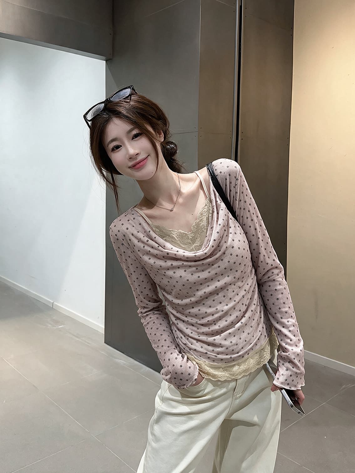 실사 한 부서 핫걸 레이스 조각 도트 무늬 흔들다 칼라 맨위 여성 가을 새로운 긴팔 티셔츠 디자인 센스 작은 대중 상세 이미지 10